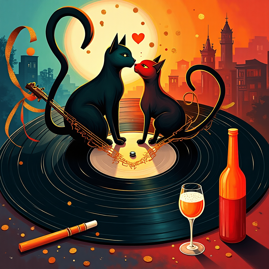 Romantic abstract anniversary scene in a bold modern expressive style: high-contrast palette of emerald-and-white (Betis), flamenco red and orange, deep cobalt night, and molten gold; dynamic brush-stroke textures with confident geometric shapes and fluid curves. Center a glossy black vinyl record seen from above, its grooves as energetic concentric brush rings. Two stylized cats, formed from flowing negative space curves, sit atop the record; their intertwined tails curl into a luminous heart.

From the record’s rim, a fragmented flamenco guitar bursts into cubist planes; its golden strings arc outward and morph into Seville icons—angular silhouettes of La Giralda, Torre del Oro, and the Triana Bridge—interlaced with azulejo-inspired blue-white geometric tiles and scattered orange circles suggesting Seville’s citrus trees. A green-and-white striped ribbon (nod to Betis football club) spirals around the composition like a Saturn ring, subtly shaping a second heart.

At lower left, a slender cigarillo rendered as a minimal golden stroke; delicate smoke curls rise into small heart-shaped swirls. At right, a stylized crimson Cruzcampo beer bottle and a frothy glass, painted as bold silhouettes with painterly highlights (no detailed logos), clink in abstract form. Add flecks of gold confetti and splashes for celebration. Warm, romantic glow radiates from the cats and guitar, emphasizing intimacy against a dusk gradient background that fades from deep indigo to fiery coral.

Texture and technique: thick impasto accents, dry-brush streaks, palette-knife edges; clean vector-like geometry fused with sweeping calligraphic curves.

Small caption text (hand-painted script near the bottom, understated): “Sevill‑yeah, I’m still feline you, my wife.”
Generated with these themes: Seville, Cats guitar cigarillos cruz campo betis football club vinyl record thier wife, and .
Made with ❤️ by AI.