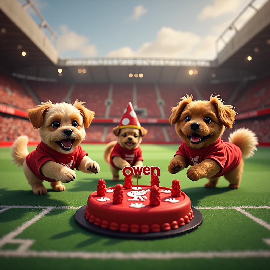 At Anfield Stadium in Liverpool, a vibrant birthday celebration unfolds during halftime of a thrilling football match. The atmosphere is joyous, with a group of cheerful dogs dressed in Liverpool FC jerseys commanding attention. One spirited dog named Klopp stands out as it barks the tune to "You'll Never Walk Alone," its tail wagging excitedly, adorned with a red and white scarf wrapped around its neck. Meanwhile, another talented canine, Gerrard, shows off his skills by dribbling a football marked with paw prints across a mini-pitch, capturing the delight of onlookers. Not to be outdone, Torres adds to the fun by jumping through a hoop made of sausages shaped like the letter 'O'.

The scene is further enhanced by a vibrant banner hanging from the goal post, reading "Happy Birthday Owen!" in bold block letters, presented in Liverpool red with white outlines. At the center of the mini-pitch, a remarkable birthday cake catches everyone's eye, shaped like a football stadium and adorned with a miniature replica of Anfield, complete with tiny Liverpool supporters and a dog-friendly pitch. Topping the cake is a festive decoration spelling out "Owen" in a stylish jersey-style font, white on a red base.

Adding to the festive cheer, a crowd of adorable dogs, clad in assorted miniature Liverpool FC jerseys, wave tiny flags and hold up cards that spell "Owen," celebrating the special day. The background is a panoramic view of Anfield, filled with canine football fans, as the clear evening sky casts a beautiful twilight hue over the festivities.

In summary, this delightful halftime party celebrates Owen's birthday with a themed extravaganza featuring Liverpool, football, and, of course, dogs. 
Generated with these themes: Liverpool, and Dogs.  
Made with ❤️ by AI.