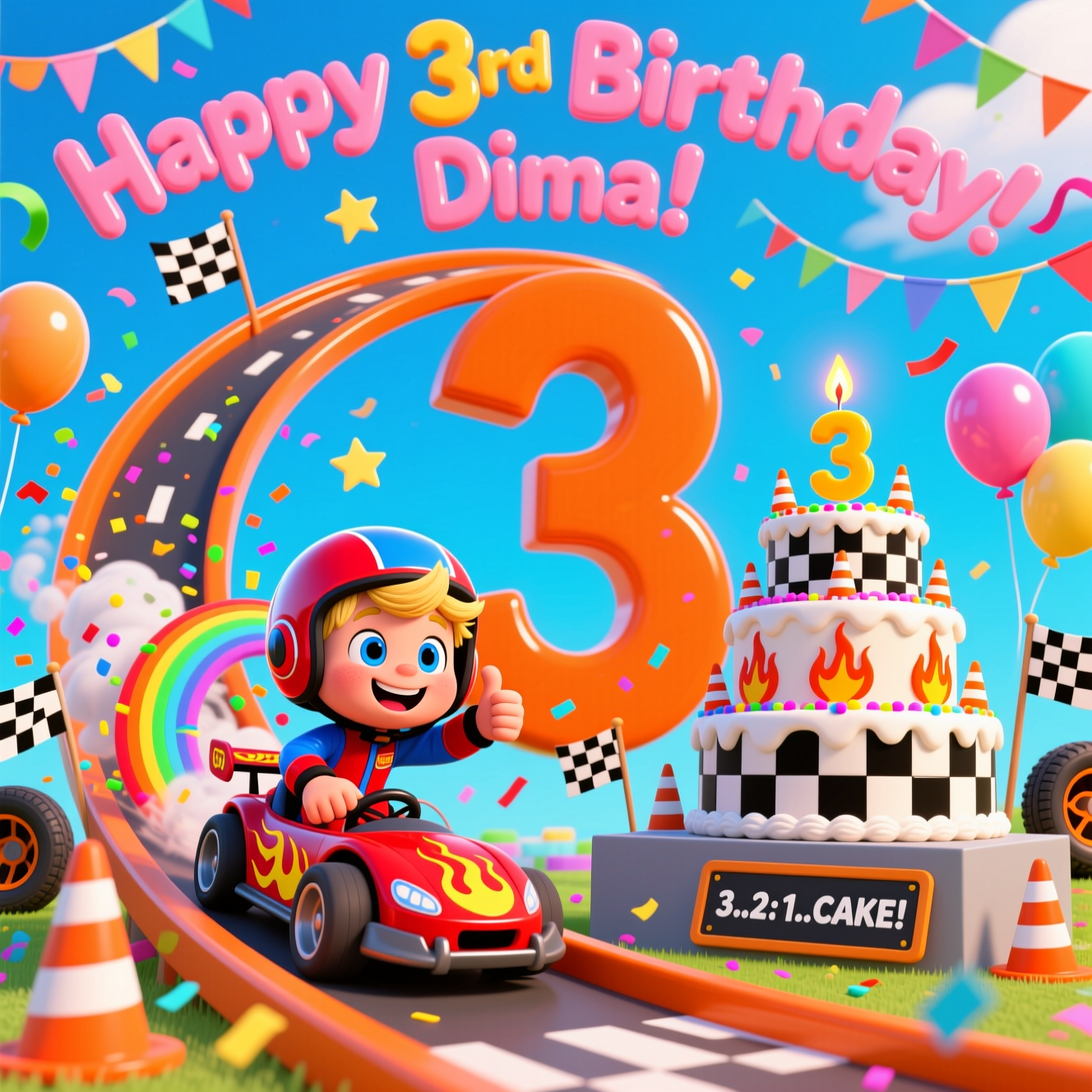 At the top of the Cartoon Style image, "Happy 3rd Birthday Dima!" in big, playful bubble letters with a glossy finish and a checkered-flag pattern, arched across the sky.

A funny, high-energy cartoon scene: a tiny 3-year-old blonde boy with bright blue eyes and a huge grin is a hot wheels–style racer, zooming a mini race car with flame decals along an oversized bright-orange loop-the-loop track bent into the shape of a giant number 3, dominating the composition. Exaggerated proportions (big head, small body), thick black outlines, and bright saturated candy colors. The boy wears a shiny red-and-blue racing suit and helmet, hair peeking out, giving a thumbs-up as he drifts; motion lines, starbursts, and confetti emphasize speed. Comedic twist: the drift smoke is rainbow sprinkles, and the exhaust puffs out colorful confetti. At the finish line, a towering birthday cake—three tiers decorated like a racetrack with checkered icing, tiny fondant traffic cones, flame motifs, and a big “3” candle—sits on a podium as the grand prize. Add balloons shaped like tires, waving checkered flags, streamers, and a bright sky-blue background for a party vibe. Include a small cheeky caption on a pit-board sign near the bottom: "3...2...1...CAKE!" Overall style: playful cartoon with bold outlines, glossy highlights, whimsical, energetic poses, and a full-bleed, dynamic composition.
Generated with these themes: Hot wheels, 3 year old blonde boy blue eyes, Make boy a hot wheels racer and add a cake, and .
Made with ❤️ by AI.