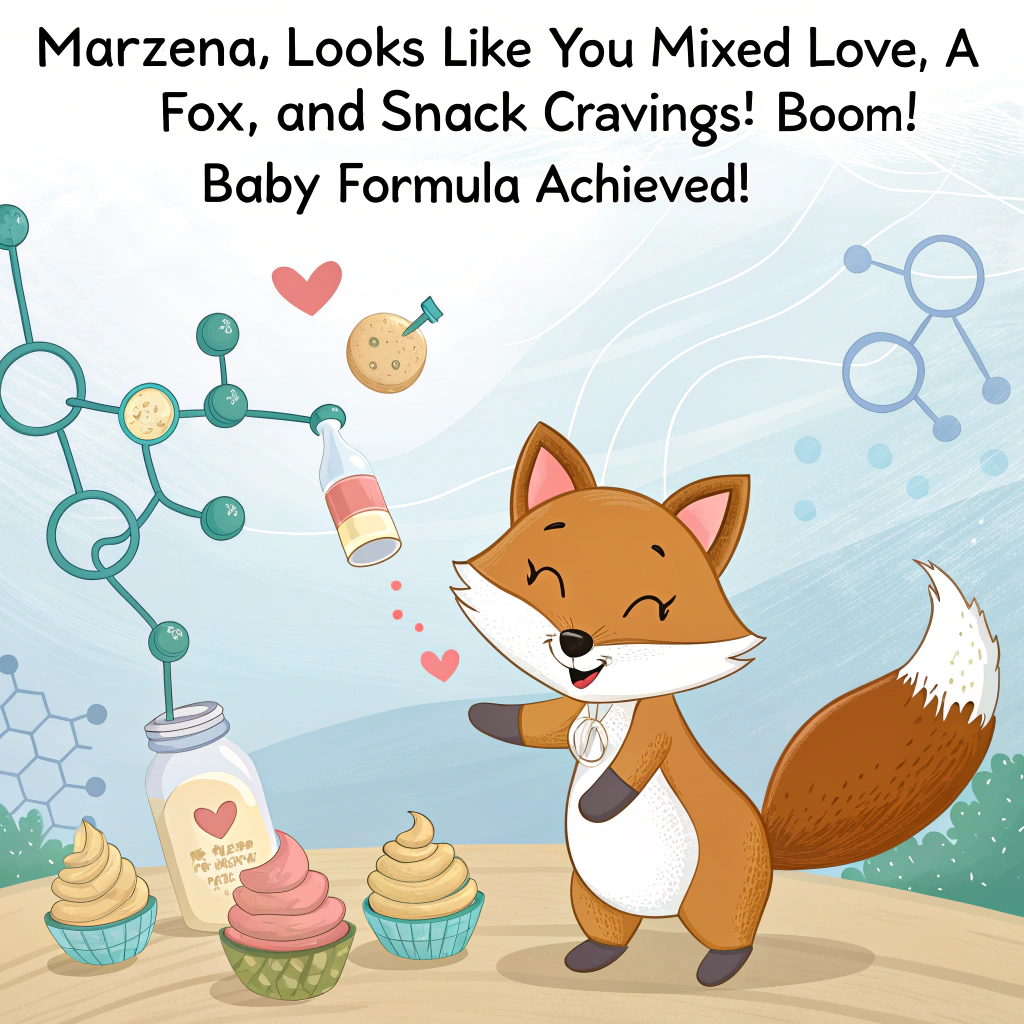 At the top of the image, "Marzena, looks like you mixed love, a fox, and snack cravings—BOOM! Baby formula achieved!"  

– The image should be an abstract composition that humorously merges elements of a sleepy fox in a lab coat, juggling pacifiers, beakers, and cupcakes. Floating molecular diagrams are made from rattles and bottle nipples, while spaghetti strands spiral through the air like chemical bonds. Soft pastel splashes, diapers-as-molecules, and food splatters suggest an alchemy experiment gone adorably haywire.
Generated with these themes: Eat, Fox, and Chemistry.
Made with ❤️ by AI.