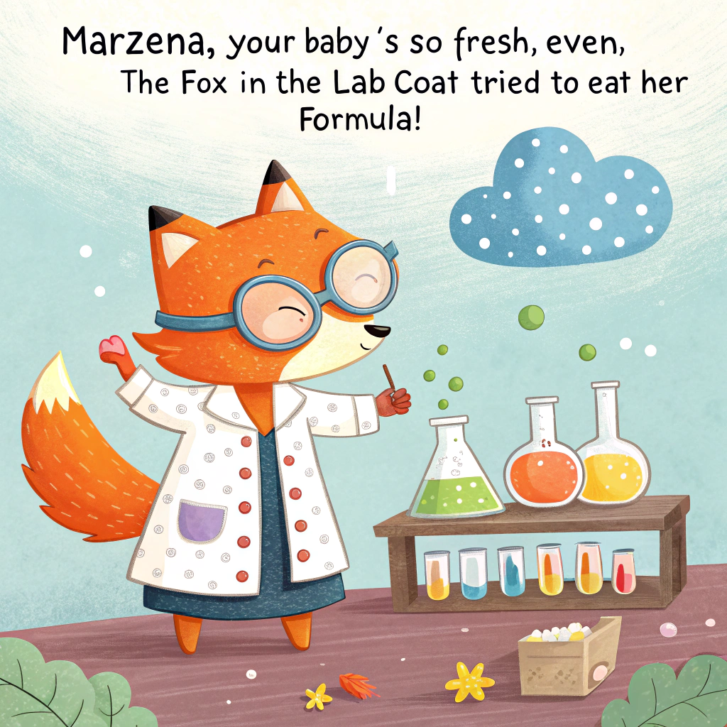 At the top of the image, "Marzena, your baby’s so fresh, even the fox in the lab coat tried to eat her formula!"  

- The abstract image should feature a playful mashup: an eccentric orange fox wearing oversized goggles and a polka-dotted lab coat, standing over a bubbling baby bottle on a chemistry lab bench made of toast. Beakers are filled with brightly-colored purees—think carrot-orange, pea-green, and banana-yellow—and cloudlike shapes float overhead resembling molecular structures made of pacifiers and tiny socks. A rattle sits mysteriously next to a flask marked “Formula 101” with hearts and squiggles steaming out. All colors should be zany, with bold pinks, teals, and sunny yellows giving a surreal, joyful vibe.
Generated with these themes: Eat, Fox, and Chemistry.
Made with ❤️ by AI.