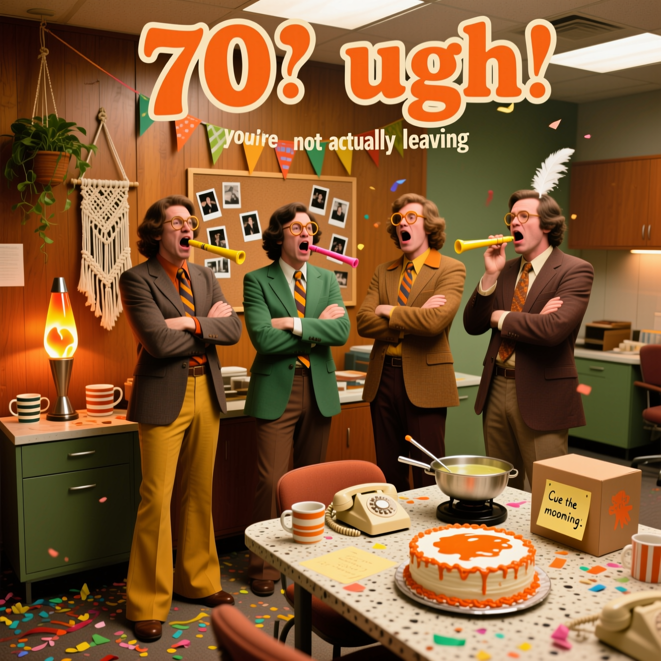 At the top of the Photorealistic picture taken from a camera image, Sorry you're not actually leaving

Ultra-high-definition 4K UHD, true-to-life, camera-taken photograph of a funny 1970s office farewell scene. A warm, wood-paneled break room drenched in mustard, avocado-green, and burnt-orange tones: macramé plant hangers, a glowing lava lamp, a corkboard dotted with Polaroids, striped ceramic mugs, a rotary phone, and a fondue pot on a speckled Formica table. A retro party banner droops awkwardly as if the celebration just got cancelled; confetti and streamers litter the floor. Four coworkers in classic 70s outfits—flared trousers, wide-lapel suits, big collars and ties, oversized round glasses, feathered hair and sideburns—are mid-groan with exaggerated “ugh” faces, arms folded, party blowers unblown, playfully embodying comic moaning at the news. On the table, a sheet cake with orangey frosting shows a clumsily smeared patch, like someone erased a word at the last minute. Lifelike textures on polyester, wood grain, icing, and paper; rich depth of field with the group sharply in focus and the background softly blurred. Warm tungsten office lighting with a touch of on-camera flash for a 70s snapshot vibe; subtle film grain. Shot at eye level on a 50mm lens, f/2.8, ISO 200. Top title text in bold retro 70s bubble lettering (burnt-orange and cream, soft drop shadow) matching the scene’s palette. Add one small cheeky line of text as part of the scene: a tiny handwritten sticky note on the cake box that reads, “Cue the moaning.”
Generated with these themes: 70s, Moaning, and .
Made with ❤️ by AI.