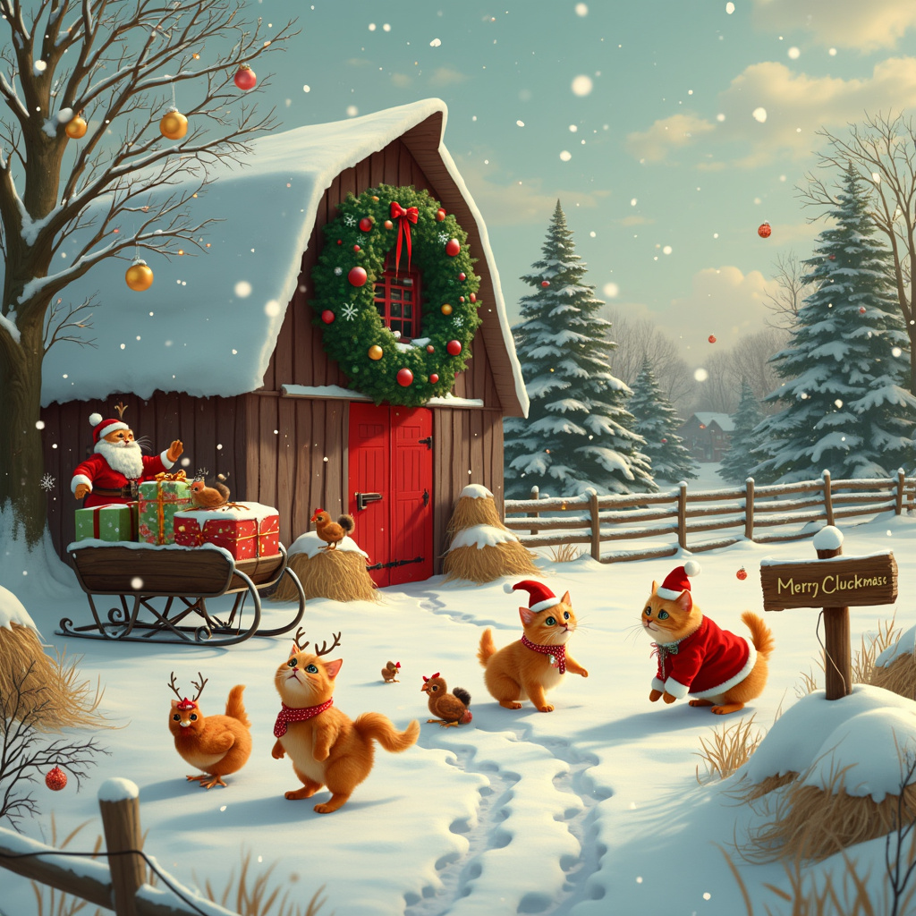 In the heart of a quaint, snow-blanketed farmyard, a festive yet chaotic scene unfolds. The main attraction is an oversized, rustic barn with a bright red door, adorned with a massive green wreath decorated with twinkling fairy lights and shiny baubles. Surrounding the barn are two plump, fluffy orange cats dressed in miniature Santa suits complete with little hats, their expressions a mix of curiosity and bewilderment. They are attempting to corral a group of equally festive chickens, who are sporting tiny, custom-made reindeer antlers and colorful holiday scarves. The chickens scatter across the snowy ground, leaving tiny tracks in their wake, some pecking at the ground while others try to clumsily fly away from the cats. 

In the foreground, there's a wooden signpost sticking out of a large snowbank, with a hand-painted message reading "Merry Cluck-mas!" in cheerful red and green lettering. Snowflakes are gently falling from the sky, some catching the light and sparkling like tiny stars. Behind the barn, a row of evergreens stands tall, their branches heavy with snow and adorned with oversized Christmas ornaments and glowing string lights. A few chickens are precariously perched on the lower branches, eyeing the ornaments curiously.

To the left, there is an old-fashioned wooden sleigh parked near a haystack, filled with wrapped presents in shiny, festive wrapping paper. One of the cats has its paw on a red ribbon trailing from a present, as if about to unwrap it. The scene is framed by a series of snow-capped wooden fences and scattered hay bales, creating a charming rustic backdrop. Every inch of the scene is bustling with holiday cheer, as if the entire farmyard has come alive in a quirky, Christmas celebration orchestrated by mischievous cats and spirited chickens.
Generated with these themes: Chickens, and My orange cats.
Made with ❤️ by AI.