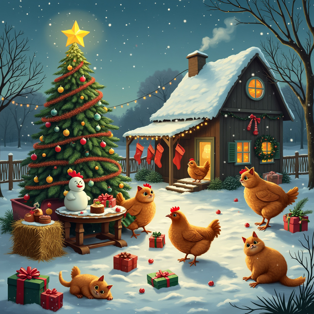 The scene is set in a cozy, rustic farmyard blanketed by a fresh layer of sparkling snow, bathed in the soft glow of twinkling Christmas lights strung along the fence posts. At the center, a large, vibrantly decorated Christmas tree stands tall, adorned with colorful baubles, twinkling fairy lights, and quirky chicken and cat ornaments. To the right of the tree, a group of plump, contented chickens are gathered around a small, ornate wooden table, pecking curiously at festive treats like miniature Christmas puddings and seed-stuffed crackers. 

To the left, two mischievous orange cats, with fluffy tails and bright green eyes, are playfully tangled in strands of tinsel. One cat is perched atop a hay bale, batting at a chicken-shaped ornament hanging from a low branch of the tree, while the other cat is caught mid-pounce, about to dive into a pile of wrapped presents with vibrant red and green wrapping paper and oversized bows. Scattered around are various festive elements: a snowman wearing a chicken-feather hat, a wooden sled with a plush cat riding it, and stockings hanging from the fence filled with catnip toys and chicken feed.

In the background, a quaint, snow-covered barn stands, its roof adorned with a large, glowing star. Smoke curls gently from its chimney, suggesting a warm hearth inside. Hanging from the barn door is a festive wreath made of holly, berries, and feathers. The sky above is a deep, crisp blue with a few fluffy clouds, and you can spot Santa’s sleigh in the distance, being pulled not by reindeer, but by a team of energetic chickens with tiny antlers strapped to their heads. The scene is bursting with whimsical holiday cheer, bringing together the quirky charm of chickens and the playful antics of orange cats in a delightful Christmas celebration.
Generated with these themes: Chickens, and My orange cats.
Made with ❤️ by AI.