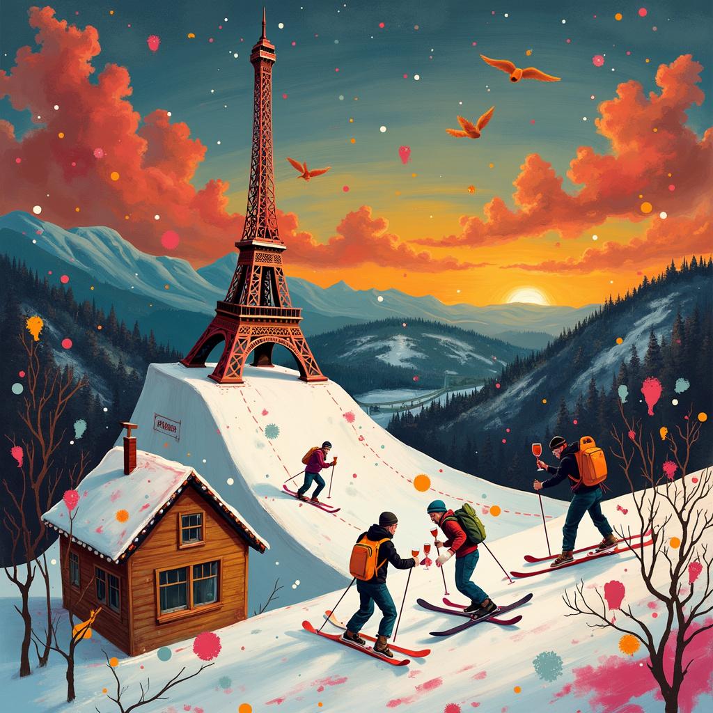 Imagine a surreal, whimsical Parisian ski slope where the Eiffel Tower serves as a giant ski jump. Skis are adorned with bold, abstract patterns inspired by Mondrian, showcasing primary-colored geometric shapes. Skiers, depicted in a playful de Kooning style with exaggerated, swirling limbs, zoom down the slopes with wine bottles strapped to their backs instead of traditional backpacks. The snow below is transformed into an abstract canvas, splattered with vibrant Pollock-esque drips and splashes of paint. At the base of the Eiffel Tower, a quirky, cubist-inspired chalet resembles a wine bar, its structure fragmented into vibrant, overlapping geometric forms reminiscent of Malevich. Above, the sky presents a Rothko-inspired gradient of deep, rich colors, shifting from dark, inky blue to warm sunset orange. Whimsical, Miró-like constellations float above, forming playful, abstract shapes that evoke wine glasses, ski poles, and the iconic Parisian croissant. Amidst this dreamlike landscape, a group of skiers gathers, their faces illustrated with loose, expressive Twombly-like scribbles, sharing glasses of wine and laughing joyously. The overall scene is a lively, chaotic blend of abstract elements, each meticulously detailed, crafting a fantastical, birthday-themed greeting card.

Generated with these themes: Skiing, wine, Paris.  
Made with ❤️ by AI.