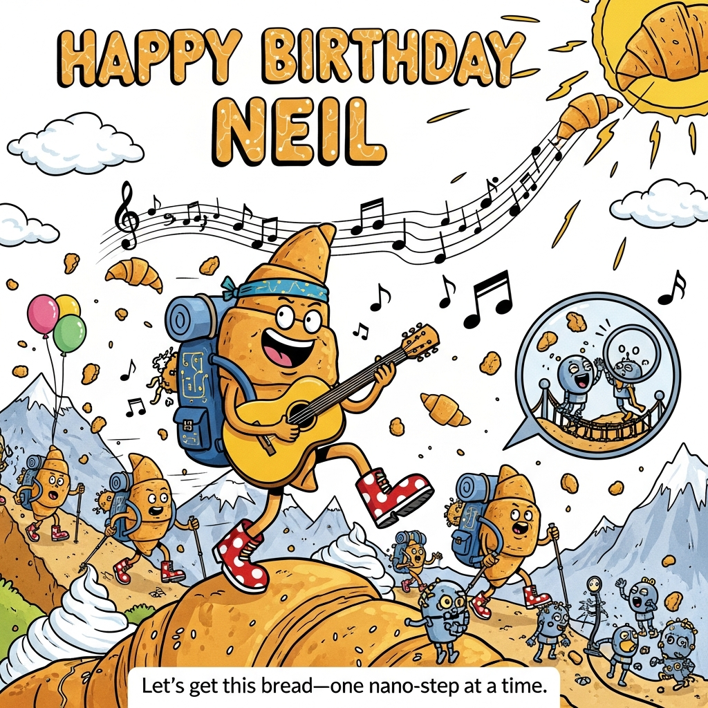 At the top of the Cartoon Style image, the text "Happy Birthday Neil" in big, bouncy bubble letters, sprinkled with croissant crumbs and tiny circuit-trace patterns.

Playful cartoon scene: On a sunny mountain trail made of flaky, golden croissant ridges, a band of anthropomorphic croissants goes hiking with exaggerated, wobbly legs and oversized polka-dot boots. The lead croissant, with a headband and a giant grin, strides uphill while strumming a bright acoustic guitar; thick black outlines, saturated candy colors, and energetic motion lines. Musical notes (some shaped like mini croissants) swirl around, while cute, gleaming nanobots the size of sesame seeds buzz and scuttle: a squad forms a tiny rope bridge, others assemble microscopic carabiners, and a magnifying-glass cutaway bubble shows nano-robots high‑fiving. Backpacks with circuit-pattern details, trekking poles, crumb-confetti in the air, puffy whipped-cream clouds, and balloon atoms floating by for extra party vibes. Dynamic, whimsical composition, playful expressions, chunky shadows, and a joyous, funny mood.

At the bottom, a small caption in a playful font: "Let’s get this bread—one nano-step at a time!"
Generated with these themes: Croissants, guitar, nanotechnology, hiking, and .
Made with ❤️ by AI.