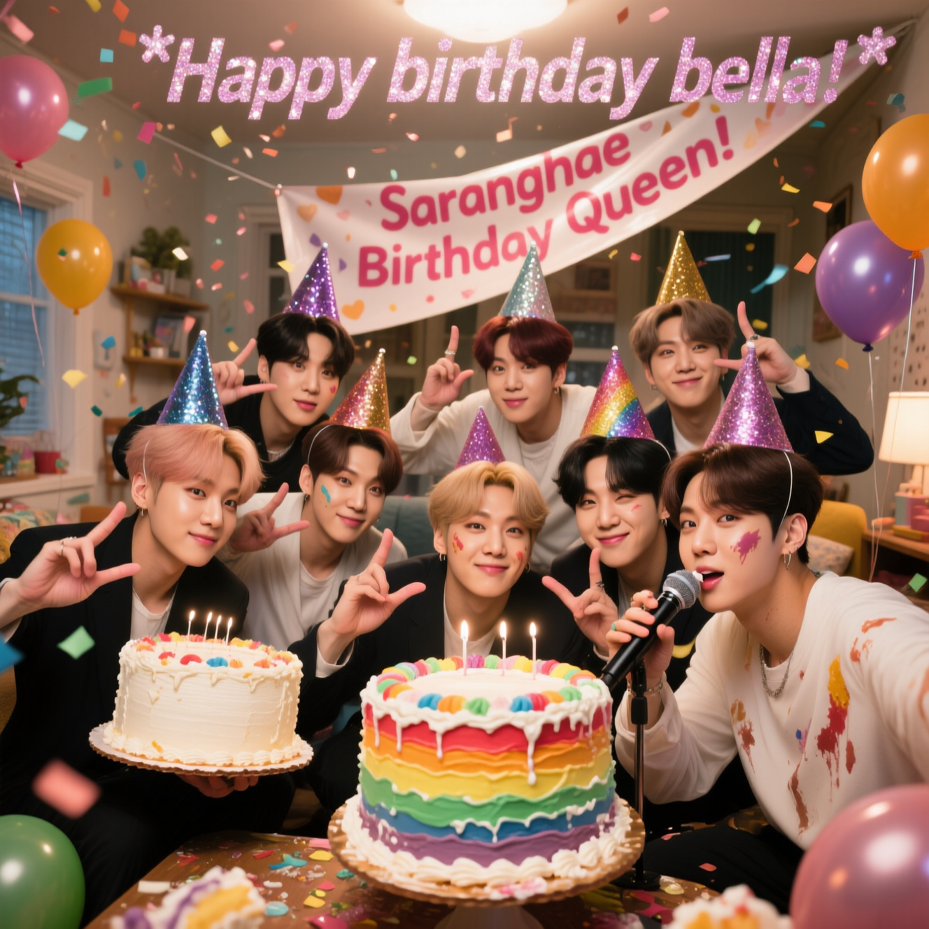 At the top of the Photorealistic picture taken from a camera image, write in bold, sparkly K-pop style lettering: **Happy birthday bella**.  

A hilariously realistic scene of a BTS-inspired K-pop birthday party — all seven lifelike BTS members wearing over-the-top glittery birthday hats, holding giant rainbow-frosted cakes, and striking exaggerated finger-heart poses for the camera. They are crammed together in a tiny, chaotic decorated living room, with balloons, confetti mid-air, and a huge "Saranghae Birthday Queen!" banner hanging crooked in the background. One member is pretending to serenade a cake with a microphone, another is trying to feed frosting to the camera lens. Bright, warm lighting makes the frosting shine, and the details capture the humor: smudges of cake icing on their cheeks, playful expressions, and cheeky winks. Ultra-high-definition 4K UHD quality, perfect depth of field with BTS members crisp in focus and a slightly blurred festive background, making the scene look like a candid shot from a friend’s camera.
Generated with these themes: Bts, K pop, and .
Made with ❤️ by AI.
