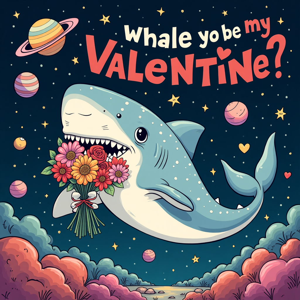 **Front Cover Design: Valentine's Day Card**

**Main Character:**
- **Whale Shark**: A large, round-bodied whale shark with a cartoonish Disney style, featuring big, friendly eyes and a broad, toothy smile. Its skin is a light grayish-blue with exaggerated white spots scattered across its back. It has oversized, flipper-like fins that are humorously small compared to its massive body, resembling the whimsical style of Bill Watterson's animals.

**Accessories:**
- **Flowers**: The whale shark is clutching a bouquet of vibrantly colored flowers in its pectoral fin. The flowers are oversized, almost comically large, and consist of exaggerated blooms such as red roses, pink tulips, and sunny yellow daisies, each with thick outlines reminiscent of Charles Schulz's iconic Peanuts characters.

**Background Elements:**
- **Outer Space Setting**: The scene is set in a vibrant and fantastical outer space, with a deep, navy blue backdrop scattered with twinkling stars of varying sizes, some forming playful constellations. There are planets in the background, featuring swirling hues of purples, greens, and oranges, echoing the whimsical nature of Winsor McCay's dreamlike landscapes.
  
- **Cartoon Stars and Planets**: Add a selection of cartoon-style stars and planets, each with quirky features like rings, spots, or smiling faces. Some planets have exaggerated rings like Saturn, and a couple of small moons float nearby, inspired by Osamu Tezuka's imaginative worlds.

**Additional Details:**
- **Space Elements**: Include small, floating hearts among the stars, suggesting a subtle Valentine's theme, each heart colored in soft pinks and reds, echoing the playful spirit of Gary Larson's illustrations.
  
- **Text Element**: At the top, in a bold, playful font reminiscent of Hergé’s Tintin, place the text “Whale You Be My Valentine?” in bright red letters outlined in white for contrast against the dark space background.

This whimsical, colorful card cover blends the charm of classic cartoons with a quirky outer-space twist, bringing together a unique, humorous visual for Valentine's Day.
Generated with these themes: whale shark holding flowers disney cartoon style  in outer space smiling .
Made with ❤️ by AI.