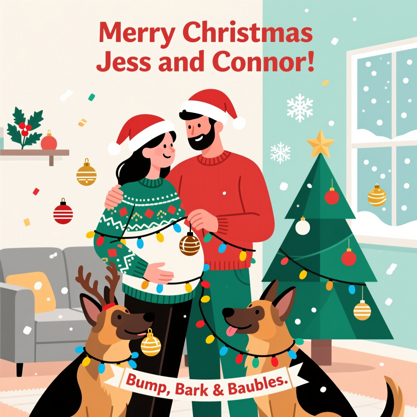 Partner , Pregnant women , Germany shepherd dog , and Christmas Card
