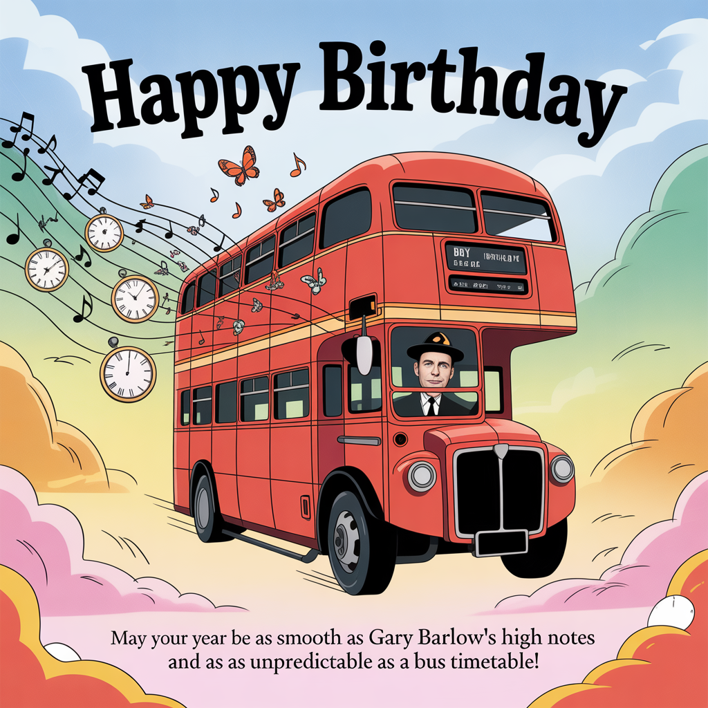 At the top of the image, "Happy Birthday":

At the bottom of the image, "May Your Year Be as Smooth as Gary Barlow's High Notes and as Unpredictable as a Bus Timetable!"

- In the center of the image, create a surreal scene with a double-decker bus soaring through a melting, dreamlike landscape. The bus has musical notes fluttering out of its windows like butterflies. Seated at the wheel is a whimsical caricature of Gary Barlow, wearing a conductor's hat, surrounded by floating clocks with stretched-out faces, reminiscent of Dali's iconic style.
Generated with these themes: Bus travel gary barlow, and .
Made with ❤️ by AI.