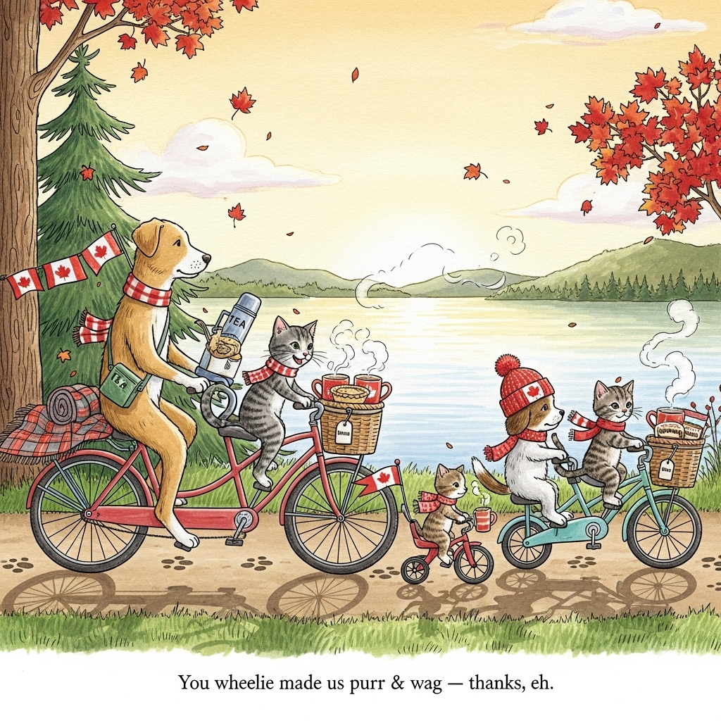 Portrait illustration, cute and cozy: Along a golden-hour lakeside path in Canada, a merry convoy of cats and dogs—including tiny kittens and puppies—pedal colorful bicycles and tricycles. A calm dog and a mischievous cat lead on a tandem, with a plaid blanket and a thermos of tea strapped to the rear rack. Wicker baskets on the handlebars brim with steaming mugs of tea (little tag labels fluttering) and Canadian snacks: butter tarts, Nanaimo bars, and maple-leaf cookies. Maple and spruce trees frame the scene; red and gold maple leaves drift like confetti. Tiny pennant flags with red maple leaves flutter from the bikes; paw-print tire tracks loop along the path. A puppy in a knitted toque with a maple-leaf patch rides a sky-blue bike; a tabby kitten on a mint trike wears a red scarf and rings a tiny bell. Calm lake, distant evergreens and gentle hills in the background; warm sunlight, soft long shadows, and a breezy swirl of steam from the tea cups. Balanced composition with generous sky and negative space above the riders, 3/4 view, slightly elevated perspective, portrait orientation.

Small hand-lettered caption at the bottom (one line, playful): “You wheelie made us purr & wag — thanks, eh!”

Style: hand-drawn illustration with fine ink linework, textured brush strokes, watercolor-style washes, subtle paper grain, warm expressive palette (maple red, honey gold, spruce green, robin’s-egg blue, cream). Soft vignette, round expressive faces, no photorealism, minimal integrated text.
Generated with these themes: Cats, Dogs, Kittens, Puppies, Cycling, Tea , Snacks, Canada , and .
Made with ❤️ by AI.