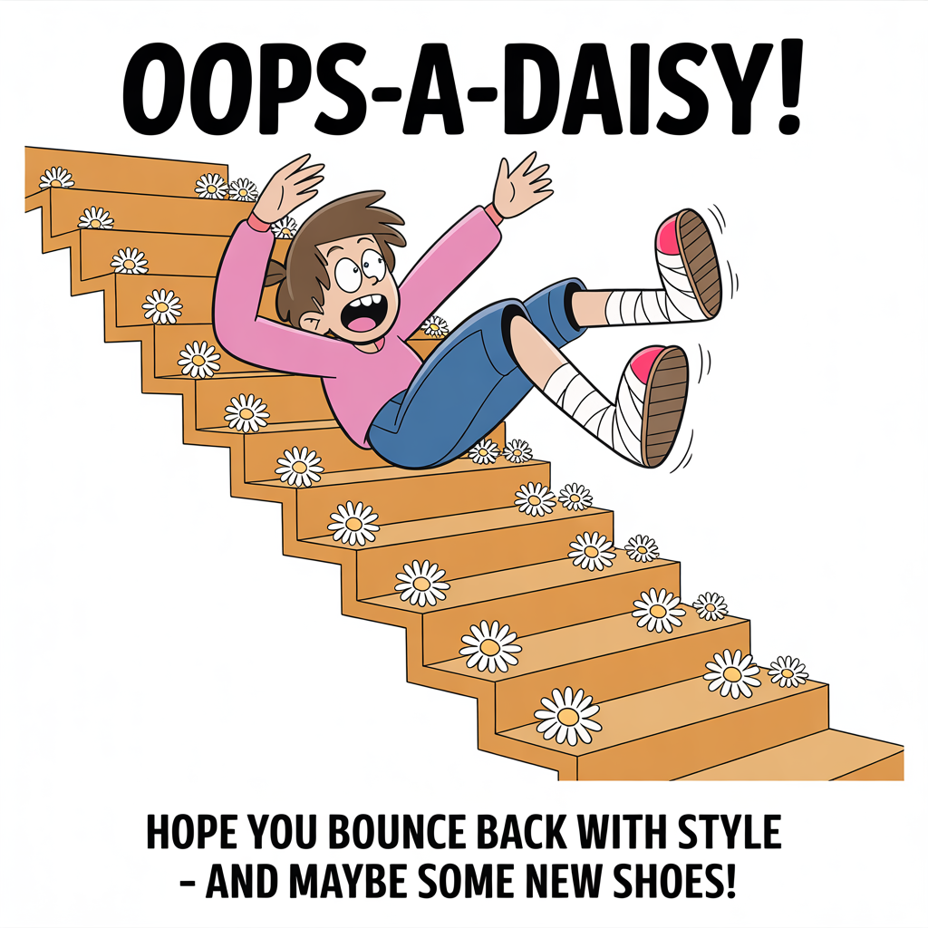 Generate me a greeting card that says "Sorry you fell over" and has a cartoon of someone humorously falling down some steps and hurting both of their ankles, and Sympathy Card