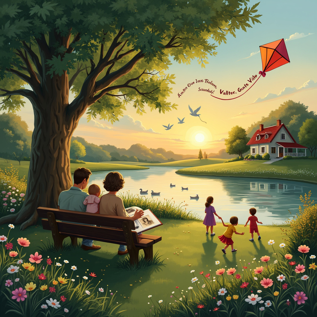 In the foreground of the scene, imagine a serene, lush green park where families gather to celebrate life and cherish memories. At the center, there is a sturdy oak tree, symbolizing strength and longevity, with a wooden bench beneath it. On the bench, there is an open photo album with sepia-toned photographs, showcasing moments of joy and togetherness shared with Antti. Surrounding the bench, there are colorful wildflowers, each representing the beauty Antti brought into everyone's lives.

To the right of the oak tree, children are playing and laughing, their joyful presence representing the positive and happy spirit Antti always embodied. Among them, a kite flies high in the sky, and its long tail spells out "Ville, Valtteri and Vilho" in colorful, flowing letters, seamlessly weaving through the clouds. This personalized touch connects the recipients directly to the memory of Antti.

In the background, there's a calm, reflective pond, with gentle ripples suggesting a sense of peace and continuity. A family of ducks swims by, symbolizing the nurturing and caring nature of Antti as a father. The sun is setting, casting a golden glow over the entire scene, symbolizing the warmth and love he always shared.

On the horizon, there is a silhouette of a small, cozy house with a garden, representing the home filled with countless beautiful memories. Birds are flying towards the sunset, conveying a sense of gentle transition and eternal journey. Above the house, a banner floats in the sky with the words "With our deepest condolence" written in elegant, cursive script, framed by two white doves carrying it.

The entire scene tells a story of Antti’s life and the cherished memories he created, providing a heartfelt and comforting visual representation for Ville, Valtteri, and Vilho.
Generated with these themes: With our deepest condolence. Antti was the kindest, most positive man and good father. We have had so many beautiful memories with him. He has always been so kind, generous and happy.  .
Made with ❤️ by AI.