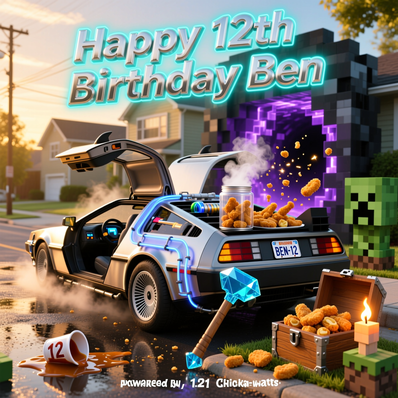 Delorian back to the future , Minecraft , Chicken nuggets, and Birthday Card