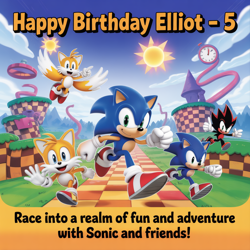 At the top of the image, "Happy Birthday Elliot - 5":

- At the bottom of the image, add "Race into a realm of fun and adventure with Sonic and Friends!"

- In the center of the image, create a dreamlike scene where Sonic the Hedgehog is dashing through a whimsical, surreal landscape. Tails, with his two tails spinning like propellers, is joyfully flying beside him, and Spike and Vegeta are comically trying to keep up with their own unique running styles. The landscape is an otherworldly mashup of vibrant colors and impossible shapes, like twisting staircases and floating clocks, all under a sky with two suns. The characters look cheerful and excited, adding a cute and playful mood to the birthday card.
Generated with these themes: Sonic, Tails, spike, vegeta, Running, and .
Made with ❤️ by AI.