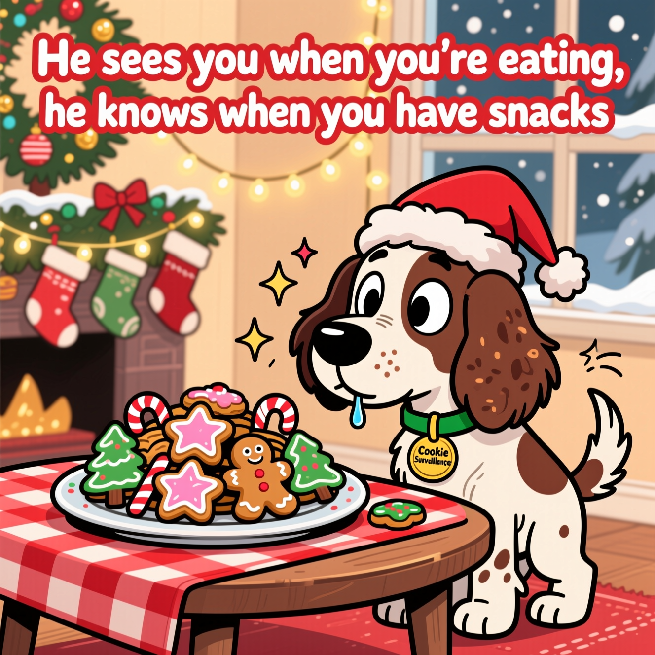 At the top of the Cartoon Style image, "He sees you when you're eating, he knows when you have snacks"

Funny, festive cartoon scene with exaggerated proportions, thick black outlines, and bright saturated colors. Center a heaping plate of Christmas cookies on a low table with a red-and-white checkered cloth—iced stars, trees, candy canes, and a gingerbread man (with tiny icing eyes glancing nervously). Right up close, a liver-and-white English springer spaniel stares at the cookies with giant, sparkly, wide eyes; long feathered ears, freckled muzzle, shiny oversized nose almost touching the icing. A single comical drool droplet hangs as aroma swirls waft from the cookies toward his nose. The pup wears a slightly crooked Santa hat and a green collar with a tiny gold badge that reads: “Cookie Surveillance”. His tail forms a wagging blur with playful motion lines; tiny starburst sparkles and doodle accents emphasize his laser focus.

Background is cozy and softly simplified so the focus stays on the dog and plate: warm golden fairy lights, garland, stockings, a softly glowing tree with bokeh ornaments, and a snowy window. Use a bold, warm holiday palette (holly reds, pine greens, golds, candy-cane pinks, snowy whites). Apply chunky hand-drawn festive lettering for the top line (white letters with a red stroke and subtle drop shadow). Overall mood: cheeky, whimsical, energetic, and irresistibly funny; close-up composition that feels like the dog is inches from the cookies.
Generated with these themes: Spaniel, christmas snacks, staring at plate, and .
Made with ❤️ by AI.