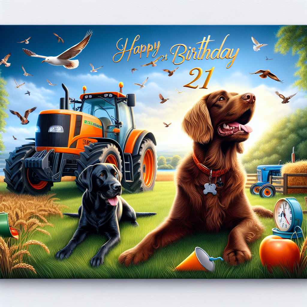 A realistic depiction of a birthday celebration at a vibrant farm, dedicated to a 21st birthday. At the center of the scene, a spirited Brown Spaniel and a sociable Black Labrador play around Orange Tractors, expressing the birthday boy's fondness for farming. The tranquility of nature is brilliantly illustrated with a clear sky and birds gracefully soaring, suggesting the unlimited potential and freedom associated with turning 21.
Generated with these themes: Brown Spaniel, Black Labrador, Orange Tractors, Birds, Nature, Agriculture , 21st, and Son.
Made with ❤️ by AI.