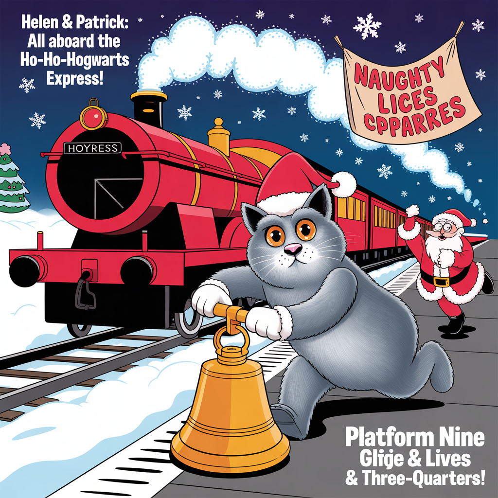 Hogwarts express, Grey british shorthair cat, Santa, Christmas tree, and Christmas Card