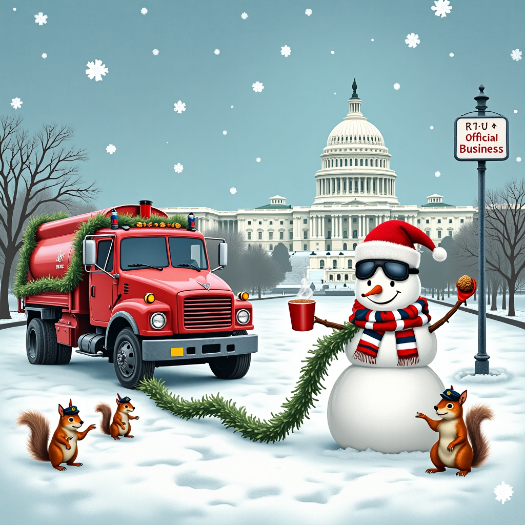 In the heart of a snow-dusted Washington D.C., the card features an imaginative scene unfolding on the National Mall. The iconic silhouette of the Capitol Building looms majestically in the background, its dome topped with a jolly red Santa hat, adding a whimsical twist to the landmark. In the foreground, an R-11 fuel truck, humorously decorated with tinsel, Christmas lights, and a reindeer nose, is parked on the snow-blanketed lawn. The truck's long hose is wrapped in garland, leading to a snowman sporting an aviator's cap and goggles, playfully designed to resemble an Air Force member. This snowman salutes with one stick arm while holding a cup of hot cocoa in the other, steam swirling upwards in the crisp winter air. Surrounding the snowman, a group of mischievous squirrels, wearing tiny military berets, scurry around the truck, one cheekily perched on the fuel hose, offering a tiny salute with a walnut. Above, the sky is an icy blue, with large snowflakes gently falling, some landing on the red, white, and blue striped scarf wrapped around the snowman's neck. To the side, a signpost whimsically reads, "Fueling Santa's Sleigh - Official Business," with an arrow pointing towards the White House. This intricate and humorous scene captures the festive spirit while playfully integrating the themes of Washington D.C., the R-11 fuel truck, and an Air Force member, all with a creative, storybook charm.
Generated with these themes: Washington DC , R-11 Fuel truck, Air Force member, and .
Made with ❤️ by AI.