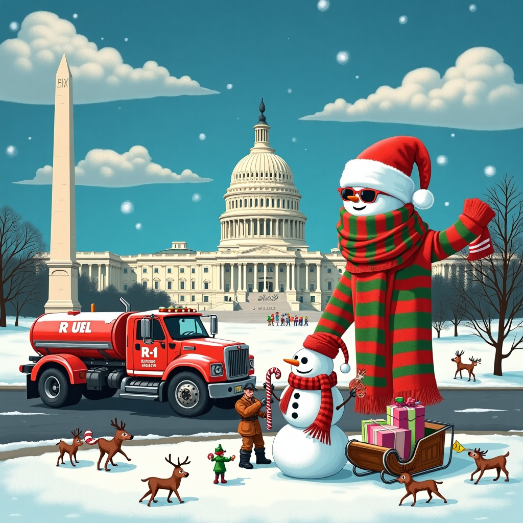 In this whimsical Christmas card scene, the iconic backdrop of Washington DC is transformed into a quirky winter wonderland. The U.S. Capitol building, with its recognizable dome dusted with snow, serves as the central focus. To the left, the Washington Monument stands tall, festively wrapped in a gigantic red and green striped scarf fluttering in the chilly wind. In the foreground, an R-11 Fuel truck, humorously dressed in a Santa hat perched on its cab and adorned with twinkling Christmas lights around its tank, is stationed at the curb. An Air Force member, decked in a winterized version of their uniform complete with fur-lined boots and earmuffs, is seen playfully fueling the holiday spirit—quite literally—by pumping candy cane-striped fuel into a small sleigh parked beside the truck. The sleigh, comically oversized for a child's toy, is piled high with wrapped presents, and the Air Force member is shown mid-laugh, their breath visible in the cold air. A snowman with aviator sunglasses and a salute pose stands proudly next to the sleigh. Tiny, mischievous elves in green and red outfits are scattered about, one attempting to climb the steps of the Capitol with a candy cane in hand, while another mischievously ties a bow on the Washington Monument's scarf. A flock of playful reindeer are seen frolicking on the snowy lawn, with one cheekily nibbling on the scarf's end. Above, the sky is a deep winter blue, with fluffy clouds shaped like Christmas ornaments drifting lazily by. The entire scene is bustling with life and humor, creating a delightful holiday tableau that brings a smile to any viewer's face.
Generated with these themes: Washington DC , R-11 Fuel truck, Air Force member, and .
Made with ❤️ by AI.