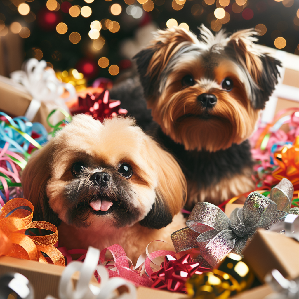 The scene is alive with holiday cheer, as a rotund apricot Shih Tzu and a stout Yorkshire Terrier with a black and tan coat play amid piles of ribbon and wrapping paper, their eye colors obscured by the merriment and soft focus of the illustration.
.
Made with ❤️ by AI.