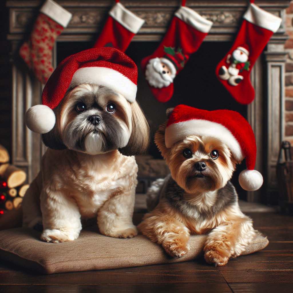 A cozy Christmas setting captures a fluffy, round Shih Tzu with a beige coat and a podgy Yorkshire Terrier with black and tan markings, both donning red Santa hats. They sit beside a hearth with stockings hung with care, the resolution not clear enough to reveal their eye color.
.
Made with ❤️ by AI.