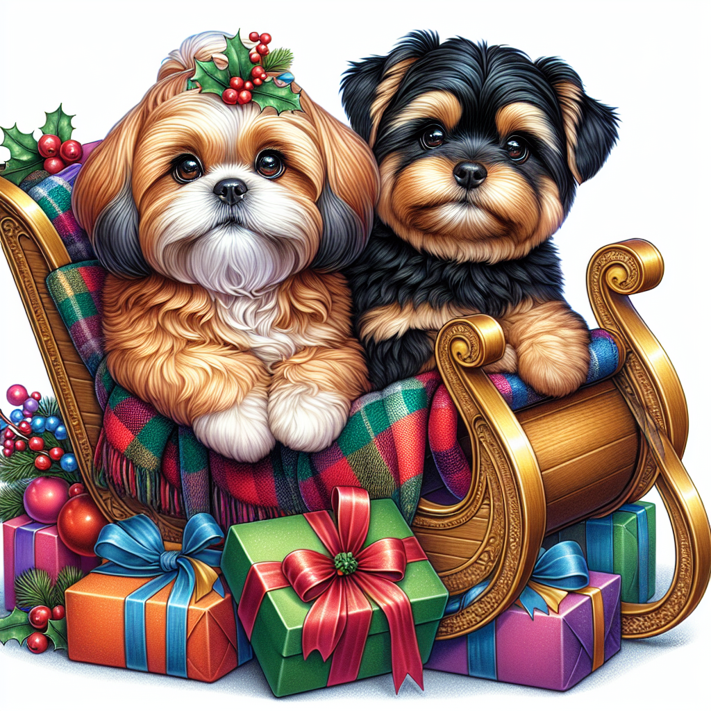 In this charming illustration, two plump dogs, an apricot Shih Tzu and a black and tan Yorkshire Terrier, are nestled in a sleigh with colorful Christmas gifts. Their coats are rich in color, and the details of the scene are sharp, though the pet's eye color remains a mystery.
.
Made with ❤️ by AI.