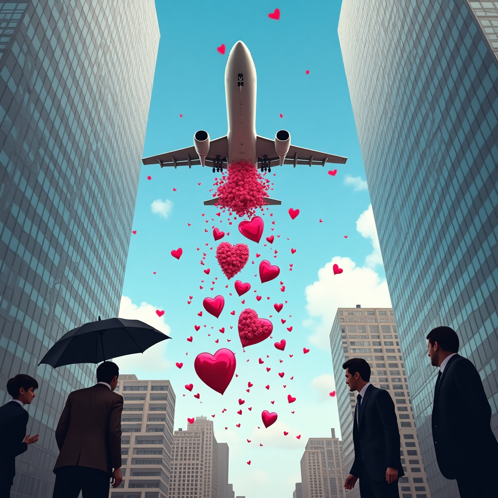 At the top of the realistic photograph image, "Happy Valentine’s Day, John — You’ve got my love on approach with landing gear down!"

**Image Prompt:**
A humorous and realistic high-resolution photograph of a large commercial airplane soaring above a city skyline, dramatically swooping between two tall skyscrapers. The plane is joyfully dropping an exaggerated amount of bright red roses, heart-shaped confetti, and fluffy pink teddy bears from its cargo hold, creating a floral cloud between the towers. Below, pedestrians look up with surprised or amused expressions, umbrellas and briefcases catching rogue petals. The sky is vibrant blue with light fluffy clouds, and the whole scene has a whimsical yet photorealistic tone—like love's grand romantic gesture gone full aviation overboard.
Generated with these themes: A big plane dropping flowers at two big sky scrapers .
Made with ❤️ by AI.