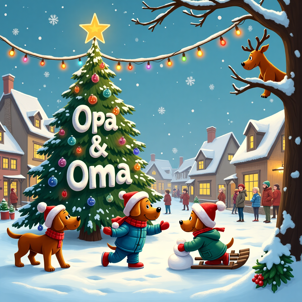 In a whimsical winter wonderland, the scene unfolds in a bustling, snow-blanketed village square, bustling with festive cheer and holiday magic. At the heart of this scene is a massive snow-covered Christmas tree, its branches adorned with colorful, twinkling lights and an assortment of eclectic ornaments. Surrounding the tree, cheerful villagers, bundled up in vibrant scarves and mittens, are engaged in various holiday activities. The star of the scene, however, is a pair of playful Vizsla dogs, their sleek, reddish coats gleaming against the snow. One Vizsla is energetically digging through a snowbank, while the other leaps joyfully, catching snowflakes on its nose. Not far from them, baby Joe, clad in a puffy, blue snowsuit and an oversized Santa hat, giggles with delight as he attempts to build a snowman with his tiny, mittened hands. In the background, the name "Opa & Oma" is cleverly woven into the festive scene by being sculpted in bold, elegant letters from freshly fallen snow atop a charming wooden sled, which rests against the trunk of the Christmas tree. This name art, kissed by soft golden fairy lights, stands as a touching tribute amidst the joyous chaos. Above the tree, a string of twinkling, vintage-style Christmas lights stretches across the sky, reminiscent of Charles Schulz's Peanuts world, creating a cozy canopy over the enchanting tableau. Adding to the whimsy, a reindeer, reminiscent of a character from a Walt Disney animation, peeks cheekily from behind the tree, completing this lively and endearing Christmas card cover.
Generated with these themes: Vizsla dogs, grandson Baby Joe .
Made with ❤️ by AI.