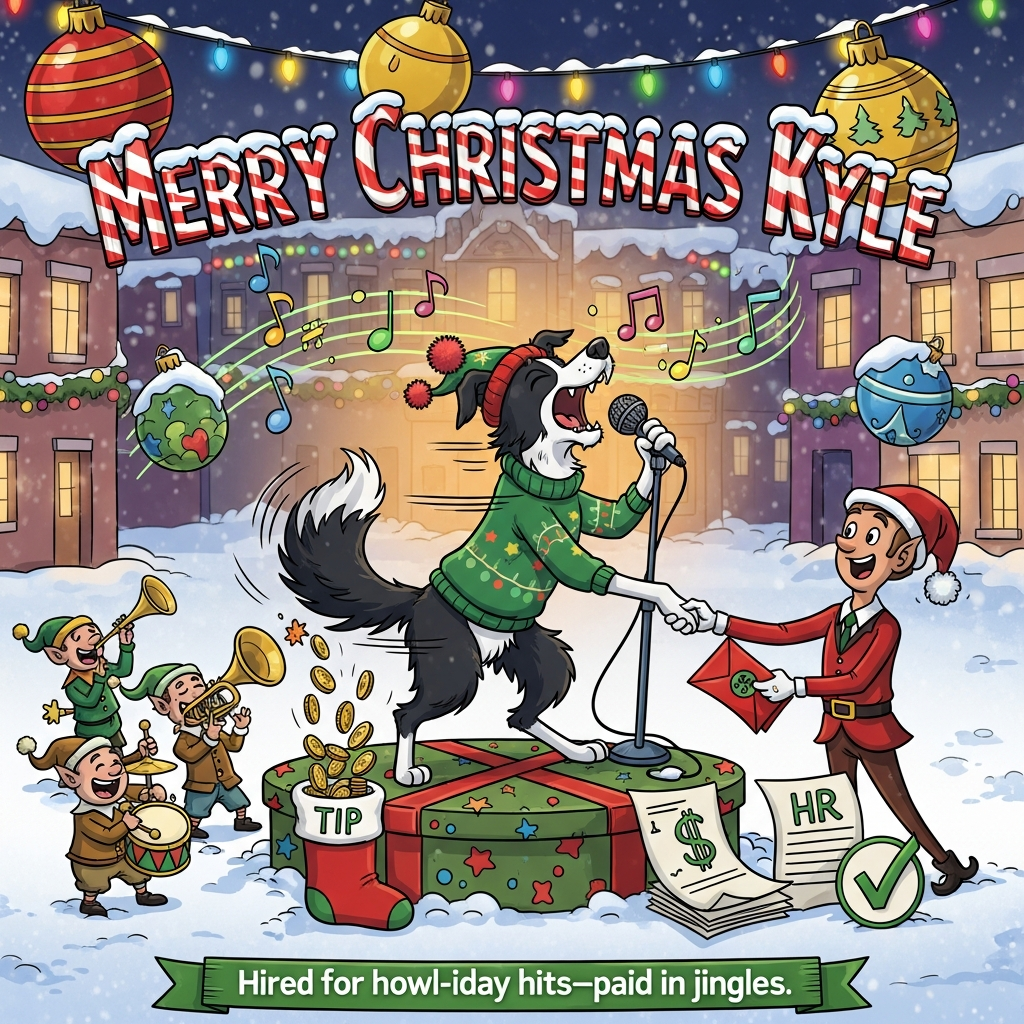 Find a job, receiving money, music, border collie, and Christmas Card