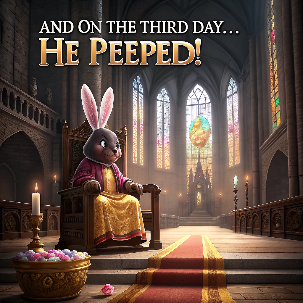 At the top of the image, "And on the third day... He peeped!"

- Depict a hyper-realistic photograph-style scene inside an old cathedral, with an enormous, majestic stained glass window behind the altar.
- Instead of traditional religious imagery, the stained glass portrays a hilariously solemn chocolate Easter Bunny wearing a glowing halo and seated on a golden throne, arms open in divine blessing.
- Multicolored marshmallow Peeps kneel below in reverent prayer, while one overly dramatic pink Peep clutches its chest and faints.
- Sunlight beams through the window, casting colorful jellybean patterns on the stone floor, and in the corner, a confused altar boy sips a Cadbury Creme Egg like it's holy wine.
- The image captures the rich textures and lighting of a real photo, but with the comedic twist of reverent Easter confectionery.
Generated with these themes: Lifelike Easter religious themed stained glass window.
Made with ❤️ by AI.