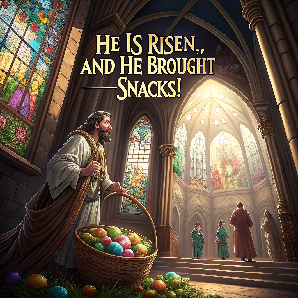 At the top of the image, "He is Risen… and He brought snacks!"

- Depict a highly detailed, lifelike photograph-style image of an ornate stained glass window in a grand old church.  
- Instead of the usual saints, the stained glass scene shows a joyous, haloed Jesus emerging from the tomb on Easter morning — holding a wicker basket overflowing with brightly colored Easter eggs, jellybeans, and a chocolate bunny.
- Beside Him, a couple of confused but delighted disciples clutching Peeps and foil-wrapped eggs gaze upward in reverence (and mild sugar confusion).
- Sunlight filters through the vibrant candy colors of the stained glass, casting rainbow hues over a small pew where a real-life bunny sits, nibbling a marshmallow.
Generated with these themes: Lifelike Easter religious themed stained glass window.
Made with ❤️ by AI.