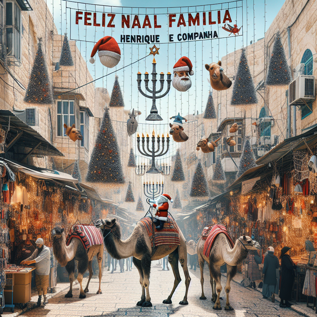 A bustling Jerusalem street market is decked out in Christmas decor, with a humorous touch of camels wearing Santa hats. Shopkeepers wear costumes that blend traditional Israeli attire with festive holiday elements. Banners hanging above the alley read 'Feliz natal Família, Henrique e companhia 💗', amidst twinkling lights and menorahs turned into quirky Christmas trees.
Generated with these themes: Jerusalém .
Made with ❤️ by AI.