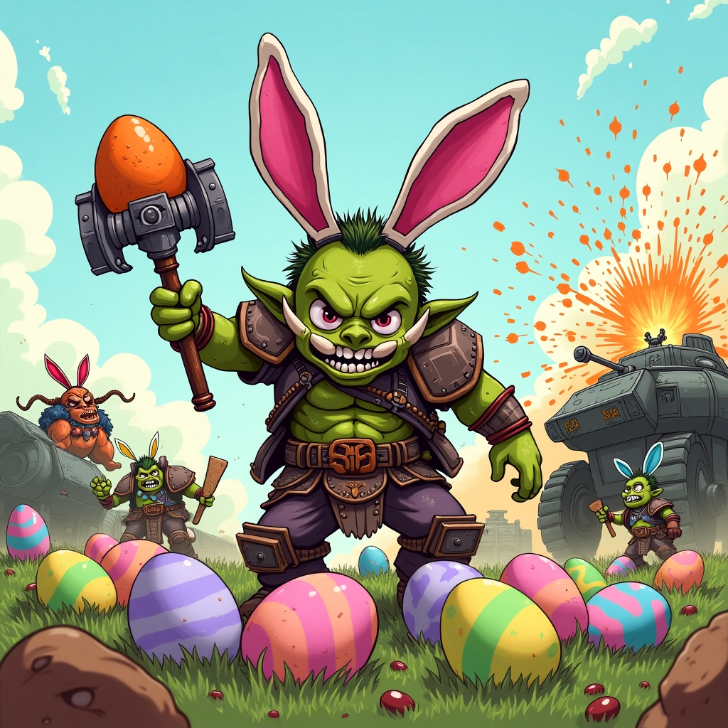 **Image Prompt:**

At the top of the illustration image, “WAAAGH-py Easter, Warhammer – Time to KRUMP some eggs!”

A hilariously chaotic Easter scene featuring a Warhammer 40,000 Ork boy wearing a pair of crooked bunny ears fashioned from scrap metal and pink warpaint smeared over his tusks. He's triumphantly smashing giant pastel-colored Easter eggs with a comically oversized, candy-striped power klaw, while Gretchin scurry around stealing jelly beans and setting up booby-trapped chocolate bunnies. One Grot is desperately trying to hide an egg inside a dreadnought. In the background, an Ork Trukk has been turned into a makeshift carrot-shaped chariot. Explosions of glitter and confetti fill the sky. The whole scene is drawn in a colorful, playful illustration style, blending the grimdark world of Warhammer 40K with chaotic Easter cheer.
Generated with these themes: Warhammer 40000 orc.
Made with ❤️ by AI.