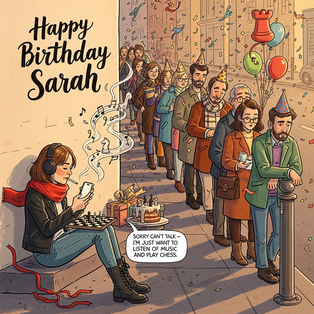 At the top of the Illustration Style image, "Happy Birthday Sarah" in playful hand-lettered brush script with warm, textured strokes

Hand-drawn illustration with fine linework and textured brush strokes on grainy paper, warm expressive color palette. Scene: a cozy city sidewalk at golden hour. Sarah (adult) sits outside on a low step, wearing a black leather jacket, bright red scarf, and black boots. Headphones on, cigarette in hand, she’s totally absorbed in her phone screen showing a simple chessboard. Smoke curls whimsically into musical notes and a faint chess knight shape.

Beside and behind her, a comically long queue of diverse adults winds down the street—party hats, wrapped gifts, a chess-themed cake, balloons (one shaped like a rook). Their faces are amused and exasperated; one checks a watch, another leans on a queue post. Streamers and confetti drift through warm evening light.

A single-line speech bubble from Sarah reads: "Sorry can't talk - I'm just want to listen to music and play chess"

Composition: Sarah foreground left-of-center; the queue snakes into the background right for depth. Golden light, soft shadows, pops of red echo the scarf in ribbons and balloons. Balanced, humorous mood; expressive faces; painterly, non-photorealistic finish; no brand logos.
Generated with these themes: Smoking, Listening to music, Playing chess, and .
Made with ❤️ by AI.