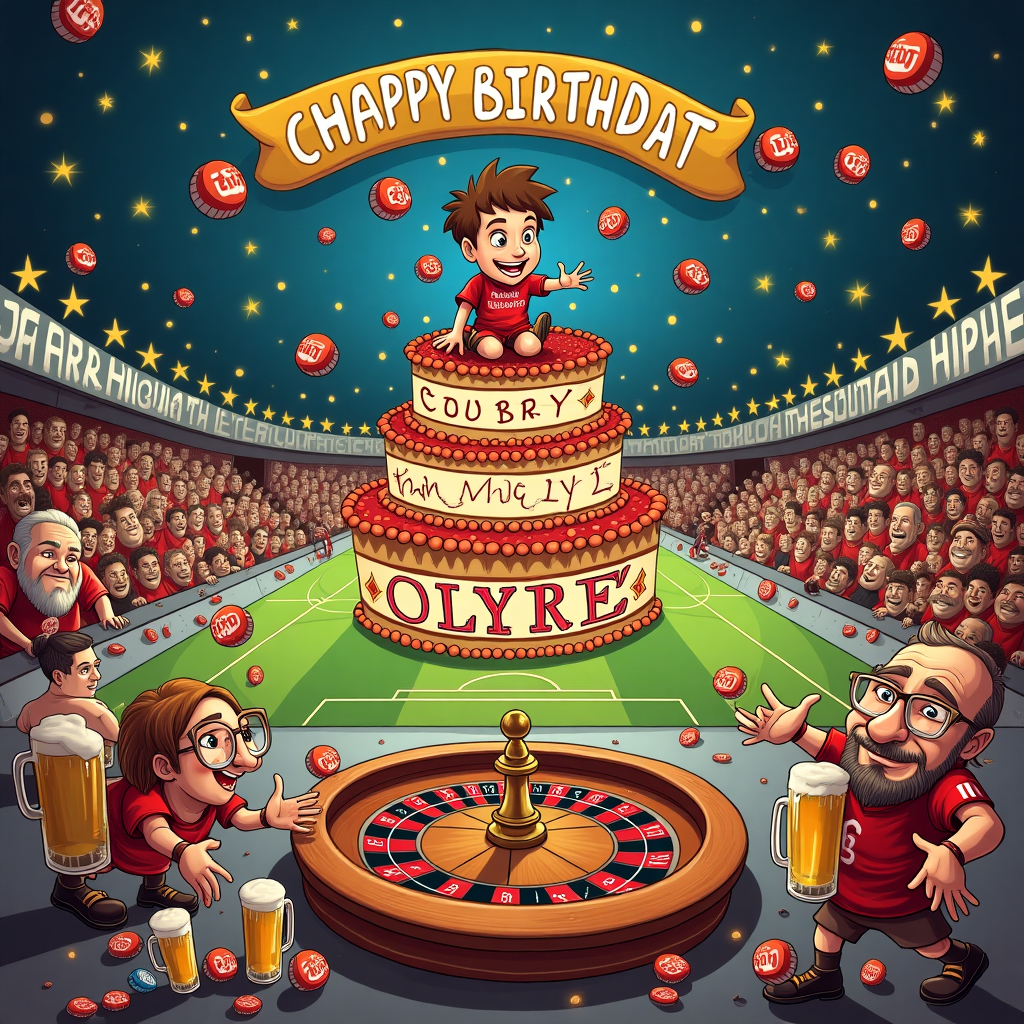 In this whimsical and humor-filled birthday card illustration, Corey finds himself at the heart of an exuberant casino set in the mystical world of Sheffield United Football Club. Picture a vibrant, energetic scene: the casino's grand hall is bustling with activity, featuring roulette tables fashioned like football pitches. The roulette wheel itself is adorned with the Sheffield United emblem, spinning beneath a sparkling chandelier shaped like a football. A jubilant crowd, consisting of mischievous caricatures of Blades fans and animated beer mugs, are gleefully tossing San Miguel bottle caps as makeshift chips onto the tables. The animated beer mugs are grinning widely, each wearing a tiny red and white football scarf, reminiscent of Sheffield United's colors. 

In the center of this lively commotion stands a grand, oversized birthday cake, styled like a stadium with layers resembling tiers of bleachers, all frosting-coated in the team's colors. Perched atop the cake, a miniature figure of Corey, donned in a Sheffield United jersey, is surrounded by edible beer caps as balloons. "Happy Birthday Corey!" is emblazoned in large, playful letters crafted from sugar, arching above the cake like a banner stretched across a stadium. Above this scene, the ceiling is an enchanting night sky filled with twinkling stars, subtly arranged to spell "Corey," ensuring his name shines brightly as the centerpiece of this playful celebration. The atmosphere, brimming with colorful characters and football-themed chaos, makes for a truly unique and comedic birthday greeting.
Generated with these themes: Sheffield United Football Club, San Miguel beer, Casino, and Caps.
Made with ❤️ by AI.