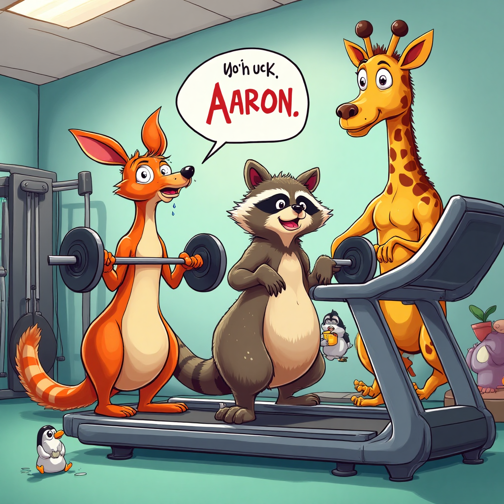 At the top of the Cartoon Style image, place the text: "Good luck Aaron".

**Image Description:**

A vibrant and playful cartoon gym scene bursting with exaggerated characters. In the center, a comically muscular kangaroo is lifting weights with ease, its face showing an exaggeratedly confident expression. To the left, a chubby, cheerful raccoon is on a treadmill, struggling comically, with sweat drops flying and a hilariously determined look on its face. To the right, a giraffe is bending down, its long neck making yoga poses look awkwardly humorous. In the background, you can see a penguin attempting jumping jacks, its tiny flippers adding to the comical struggle. The gym is filled with bright colors and whimsical gym equipment that looks almost like toys. Add a cheeky speech bubble from the raccoon saying, "Run like you're chasing the ice cream truck!"
Generated with these themes: Fitness, and .
Made with ❤️ by AI.