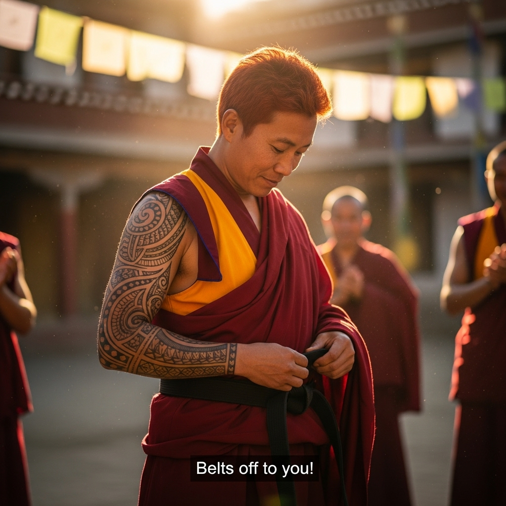 Ultra-high-definition 4K UHD photorealistic photograph, vertical full-bleed portrait. Golden-hour sunlight in a Himalayan monastery courtyard. A tanned, red‑haired martial artist in saffron-and-maroon Tibetan monk robes stands three-quarter view, hands gently tying a freshly earned black belt over the robe. One shoulder is bare, revealing intricate Hawaiian-style Polynesian tattoo patterns flowing from shoulder across upper arm and chest. Expression is humble and sincerely proud; eyes warm, a soft, natural smile. Prayer flags flutter in the softly blurred background, a few fellow monks applauding out of focus; dust motes glow in sunbeams. Realistic skin pores and hair texture, detailed fabric folds, natural color, rich depth of field, gentle bokeh. Shot on an 85mm prime, f/1.8, ISO 100, 1/500s, subtle lens flare, high dynamic range, no logos. Minimal caption at bottom center in clean white sans-serif with a soft drop shadow (single line): “Belts off to you!”
Generated with these themes: Martial arts, Red hair, Tanned skin, Hawaiian tattoos, Tibetan monk robes, and .
Made with ❤️ by AI.