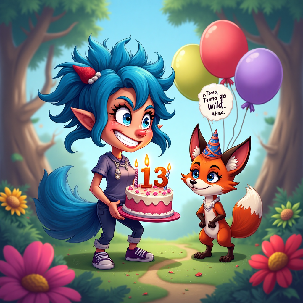 At the top of the Cartoon Style image, the text reads: "Happy Birthday Ailsa"

**Image Description:**

In a vibrant cartoon style, Jinx from Arcane League of Legends is depicted with her iconic wild blue hair and mischievous grin, holding a birthday cake with the number "13" precariously perched on top. Next to her is a whimsical fox, with oversized ears and a cheeky expression, wearing a party hat and juggling colorful balloons. The background is a whimsical forest setting with oversized, colorful flowers and exaggerated trees, adding a touch of fantasy. A cheeky speech bubble from the fox reads, "Time to go wild, Ailsa!" The scene is bursting with energy and saturated colors, capturing the playful and mischievous spirit of the characters.
Generated with these themes: Arcane league of legends Jinx, Fox, 13, and .
Made with ❤️ by AI.