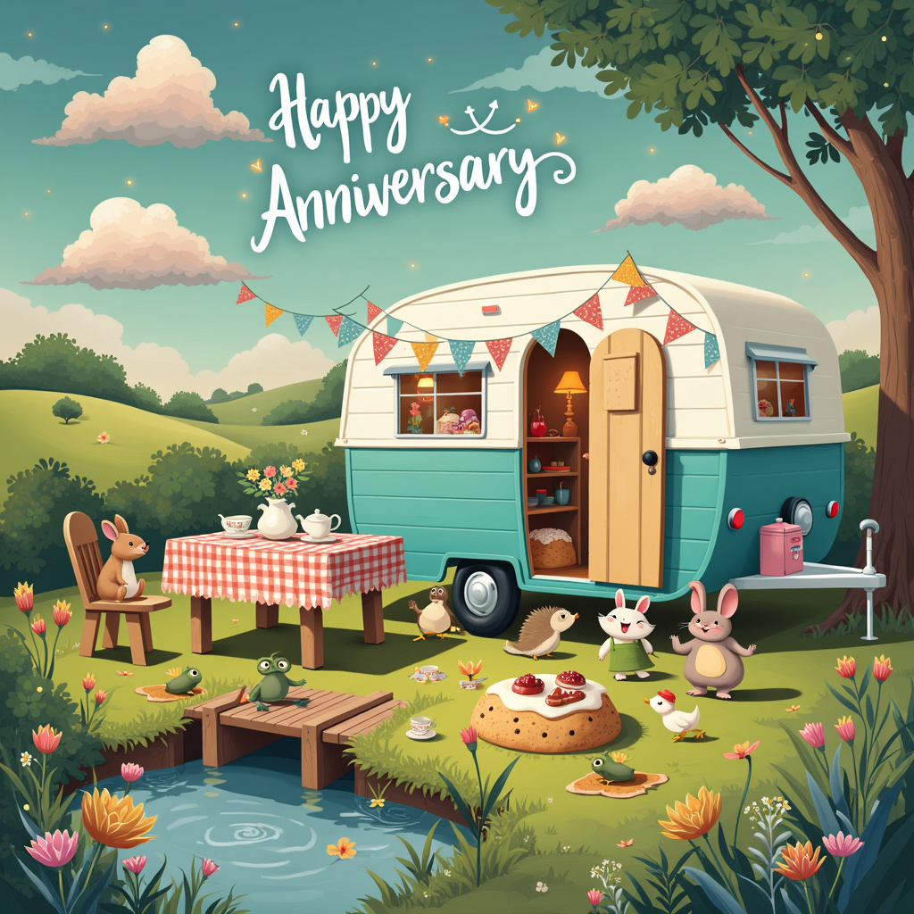 In the whimsical world of our anniversary card, we open up to a charming and lively campsite nestled in a picturesque countryside. At the center of the scene is a vintage caravan painted in a vibrant combination of teal and white, adorned with festive bunting flags strung from the awning. The caravan has a small door ajar, and through it, we can see a glimpse of cozy interior lighting and a vase with freshly picked wildflowers.

Parked right beside the caravan is a quaint wooden picnic table draped with a gingham tablecloth. Atop the table, there’s a delightful spread of scones, some piled high with clotted cream and jam, ready to be enjoyed. A teapot with a delicate floral pattern sits beside the scones, with steam rising gently from its spout. A whimsical little mouse in a tiny apron is serving the scones with a cheeky grin.

The sky is a brilliant canvas of twilight hues, with soft pastel clouds drifting lazily. In the clouds, carefully shaped and fluffy, are the words "Happy Anniversary Mum and Dad" creatively floating, making it look like the sky itself is sending the celebratory message. 

Surrounding the caravan and picnic table are various cartoon animals engaged in playful activities. A pair of rabbits are seen hopping around, one with a scone perched on its head. Nearby, a hedgehog is balancing a tiny teacup while trying to climb a small hill of scones. In the foreground, a family of ducks is waddling by, each holding a crumb of scone in their beaks.

To the left, there’s a small pond with a little wooden bridge arching over it. On the bridge, a cheerful frog couple is having their own miniature celebration, complete with a tiny banner that reads "Cheers!" Above the pond, fireflies are beginning to twinkle, adding a touch of magic to the scene.

In the background, lush green hills roll gently into the horizon, dotted with colorful wildflowers and the occasional tree with branches swaying in the breeze. The whole scene feels like a lively celebration of love and togetherness, captured in a joyful and intricate cartoon style, reminiscent of the great artists like Schulz, Watterson, and Larson.

The scene is busy yet beautifully cohesive, each element contributing to a heartwarming story that celebrates the special bond of "Mum and Dad" on their anniversary, making it a unique and memorable greeting card.
Generated with these themes: Scones, and Caravan.
Made with ❤️ by AI.