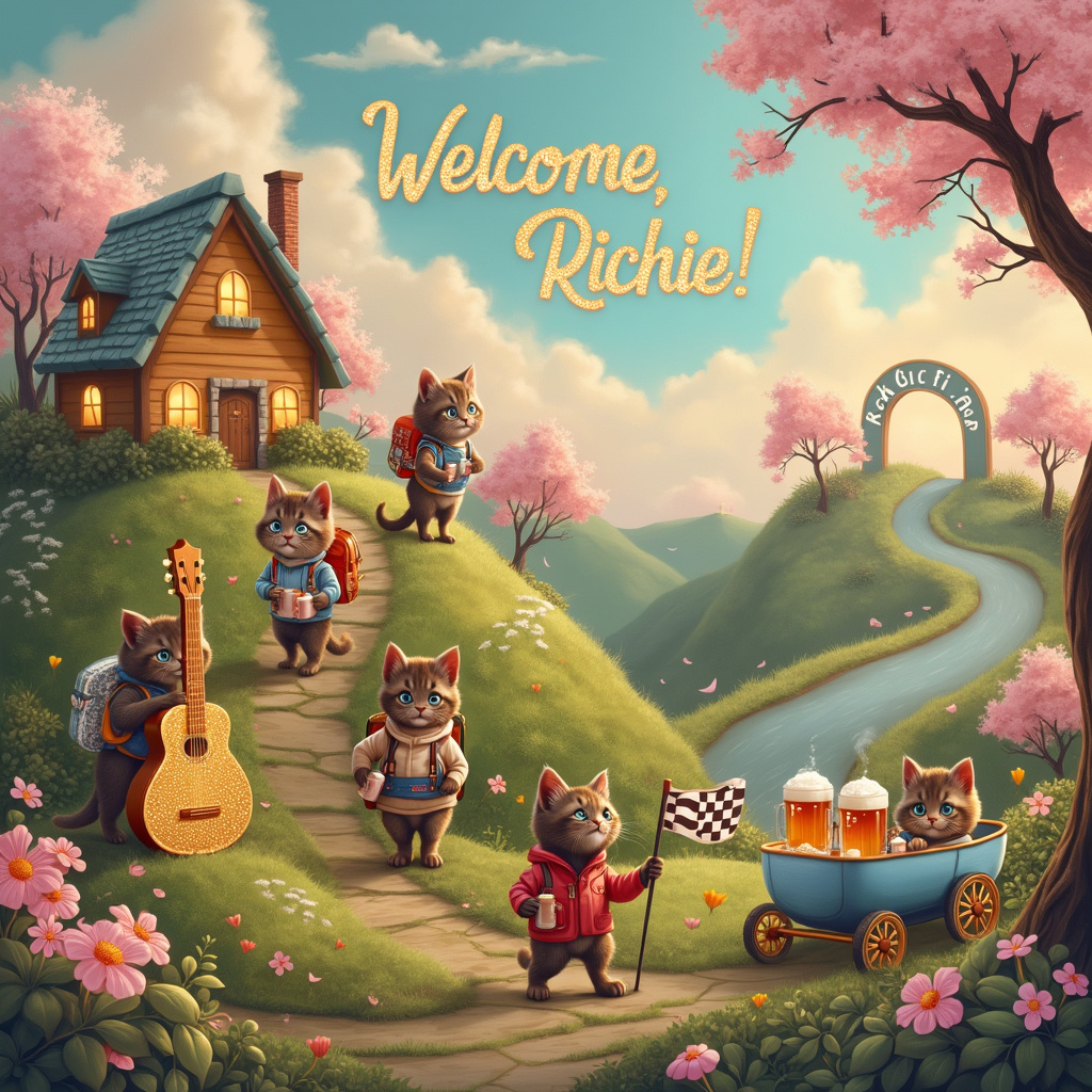 In the surreal and whimsical landscape celebrating the arrival of a new baby, the sky is an ethereal tapestry of pastel pinks and blues, where fluffy clouds spell out "Welcome, Richie!" in a whimsical, handwritten font. Nestled atop a gentle, rolling hill, the foreground features a cozy, moss-covered cottage with a golden glow emanating from its windows, symbolizing the warmth of new life. 

In front of the cottage, a parade of anthropomorphic cats dressed in tiny, vintage-style hiking gear ascend a meandering trail, their backpacks filled with baby essentials like bottles and pacifiers instead of traditional hiking supplies. Each feline sports a playful grin and a sense of purpose as they carry their treasures uphill.

On the left side of the scene, an oversized, twinkling guitar leans casually against a blooming cherry blossom tree, its strings made of gleaming silver and gold threads. Nestled among the branches, a family of kittens strum the strings with their paws, creating melodious tunes that float through the air like gentle lullabies.

To the right, an inviting picnic spread is laid out on a grassy knoll. A vintage, baby-blue pram filled with frothy mugs of root beer (non-alcoholic, of course) is being pushed by a cat sporting a classic Formula One racing helmet. Nearby, another cat dressed in a miniature racing suit excitedly waves a tiny checkered flag, celebrating the new baby’s grand entrance into the world.

In the background, a curving ribbon of a race track winds through lush, verdant hills, leading to a towering archway where a jubilant "Richie" banner flutters in the gentle breeze. Each element harmoniously blends to create a vibrant, storybook scene that captures the joy and adventure of welcoming a new baby into the world.
Generated with these themes: Cats, guitars, beer, hillwalking, Formula One.
Made with ❤️ by AI.