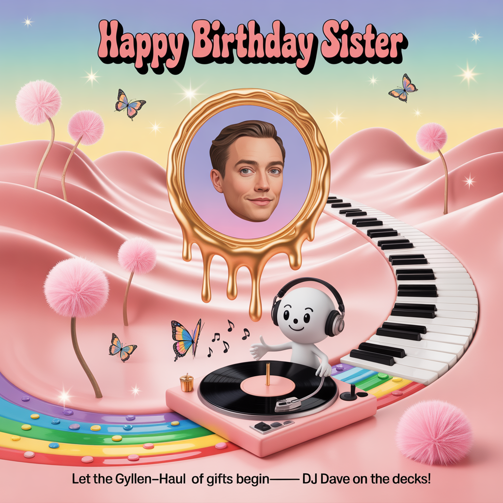 At the top of the Surreal Style image, "Happy Birthday Sister"

At the bottom of the image, "Let the Gyllen-HAUL of gifts begin—DJ Dave on the decks!"

In a dreamy, Dali-inspired pastel landscape, create cute, otherworldly whimsy: marshmallow dunes made of melting vinyl records; a ribbon of piano keys flowing upward into a cotton-candy sky; paintbrush trees with bristle-blossoms and a palette-moon dripping rainbow paint into a sparkling river. Center a soft, stylized, adorable cameo portrait reminiscent of Jake Gyllenhaal inside a gently melting gilded frame that floats above a turntable-shaped birthday cake. Beside it, a tiny DJ character named Dave—an anthropomorphic smiling record with headphones—spins sweet beats, scattering musical-note butterflies and confetti. Add ethereal golden-hour lighting, plush textures, and twinkling sparkles; keep a cute, heartwarming tone with friendly faces on instruments and brushes. Leave clear negative space for the headline at the top and the punch-line at the bottom; use playful, creamy script for the headline and bubbly note-shaped lettering for the punch-line. Pastel palette: blush pink, sky blue, lavender, mint, buttercream, and warm gold highlights.
Generated with these themes: Music, art, Jake gyllenhall, Dave, and .
Made with ❤️ by AI.