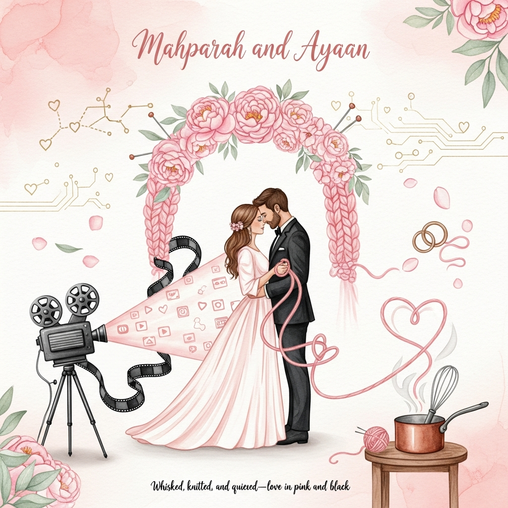 At the top of the Watercolor Style image, elegant blush-ink calligraphy: “Mahparah and Ayaan”

Romantic watercolor scene, portrait orientation, awash in soft blush-pink gradients with delicate pigment blooms and natural paper texture. Center: a tender couple in loose, airy brushwork—bride in a flowing blush gown, groom in a crisp black tuxedo—sharing a close embrace beneath an arch woven from pink peonies and a knitted garland of blush yarn; slender knitting needles glint subtly like hairpins. From the lower left, a vintage black film projector on a tripod sends a gauzy beam across the scene; within the beam, faint heart shapes and tiny play/pause/clapper icons flicker like dreamy frames, and a ribbon of black film curls through the florals like a romantic banner. Lower right: a warm copper saucepan and a heart-shaped whisk rest on a small rustic table; steam rises in soft watercolor curls, forming a heart that threads into the pink yarn, which loops around their joined hands like a delicate ribbon. Throughout the background, ultra-light gold and silver circuit-line filigree twinkles like fairy lights—modern tech motifs woven into the sky with tiny pixel-heart constellations—subtle and elegant. Scattered pink petals, a pair of intertwined rings tethered by yarn, and hints of sage green leaves provide gentle accents. Soft edges, wet-on-wet blends, airy negative space, and minimal outlines preserve an ethereal, organic painting feel; palette of blush pink, cream, warm copper, soft sage, and anchoring inky blacks.

At the bottom center, in small playful brush lettering: “Whisked, knitted, and queued—love in pink and black.”
Generated with these themes: Pink, cooking, knitting, Movies, technology, black, and .
Made with ❤️ by AI.