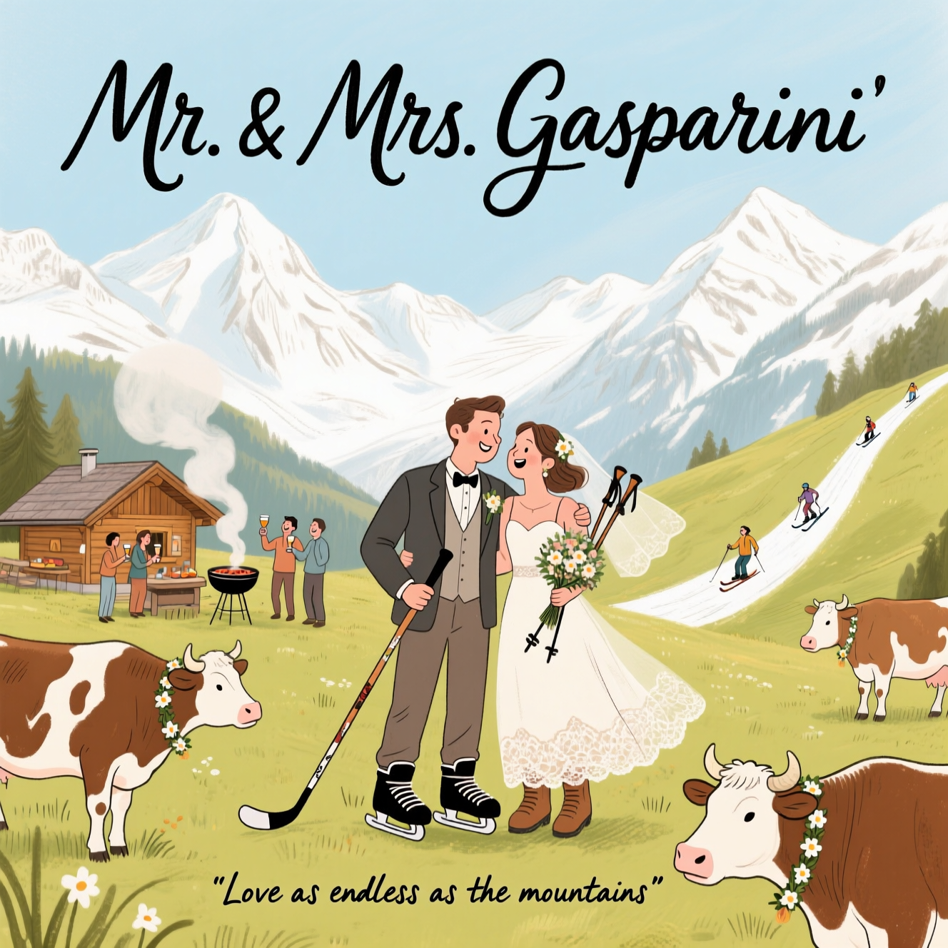 Hockey, mountains, Austria, cows, skiing, bbq, and Wedding Card