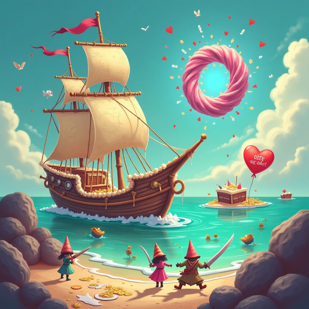 At the top of the Surreal Style image, Happy birthday! You’ve leveled up!

A dreamlike, Dali-inspired surreal birthday seascape merging level-up dungeon vibes with whimsical pirate adventure: in the foreground, a colossal pirate ship sculpted from birthday cake slowly melts into a glossy tea-colored ocean; frosting drips like clock-melt, the anchor is a polished silver fork, and licorice ropes sag in elastic arcs. The sails are parchment maps that peel off into flocks of paper-gulls midair. A towering candle-mast bends impossibly, its blue flame casting ethereal god-rays and confetti sparkles. In the sky, a floating, keyhole-shaped “gate” opens, spilling soft auroras of translucent stat windows and tiny icon glyphs (hearts, coins, swords) that spiral like balloons. From a frosting shoreline, playful shadow silhouettes in party hats cheer with foam swords—friendly, cartoony, and slightly elongated like paper cutouts. Cupcake stepping-stones lead toward the cake-ship, while a kraken made of party streamers gently hugs the hull, tossing gold confetti that rains onto a treasure chest overflowing with balloon-coins. Off to the side, a single island shaped like a perfect slice of cake drifts by, connected with a whimsical balloon-ladder. A melted compass puddles on a rock, pointing everywhere at once. Pastel palette (peach, aqua, lavender), soft, ethereal lighting, long surreal shadows, painterly textures, high detail, cheeky and whimsical mood. Leave generous negative space around the top text; center the focal point on the ship and sky gate.

At the bottom on a small ribbon banner, add: Quest: Find the one piece... of cake.
Generated with these themes: Solo leveling, One piece , and .
Made with ❤️ by AI.
