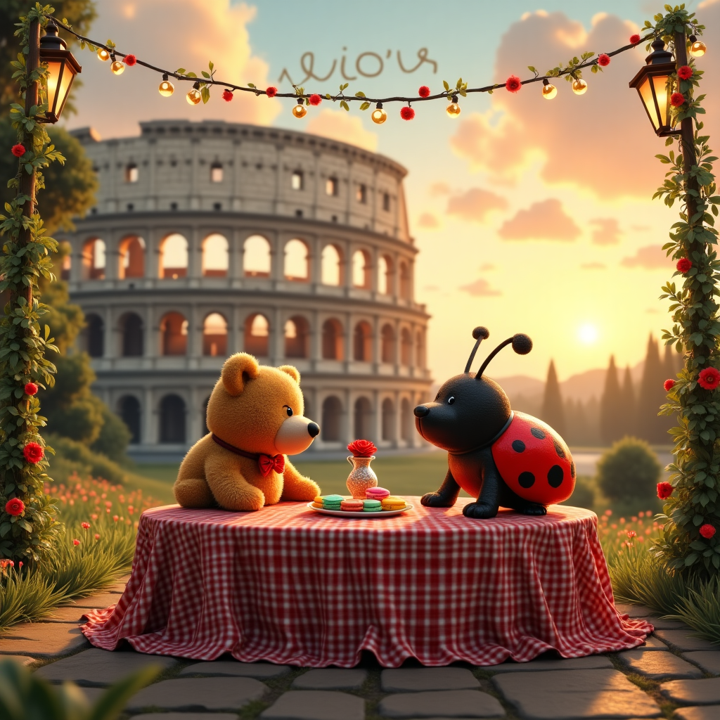 In a whimsical twist of romance and fantasy, the scene unfolds under the warm, golden glow of a setting sun, casting long shadows over the majestic Colosseum, which looms in the background like a grand ancient guardian. In the foreground, an oversized picnic table draped with a red-and-white checkered cloth is set up, serving as the centerpiece of this enchanting anniversary celebration. Seated at one end is an endearingly plump teddy bear, its plush fur a warm caramel hue, wearing a little bow tie, and gazing adoringly across the table. Opposite him sits a charming ladybug, her vivid red shell dotted with perfect black spots glistening under the sun, wearing a tiny tiara. Between them is an extravagant spread of colorful macarons, a small pitcher of sparkling juice, and a single, lush red rose nestled in a petite vase. Above them, the sky is a canvas of dreamy pastel colors, with soft, fluffy clouds spelling out "Wiola" in elegant, looping script, as though painted by a celestial artist. Around the table, ivy and tiny wildflowers peek through the cracks of the ancient stone path, adding a touch of natural elegance. Fairy lights, gently strung between two quaint lampposts, begin to twinkle, ready to illuminate this magical evening.
Generated with these themes: A ladybug and a teddy bear having a romantic meal outside the colosseum. The teddy bear is so in love with ladybug. Please add a red rose. And make a romantic scene, and .
Made with ❤️ by AI.
