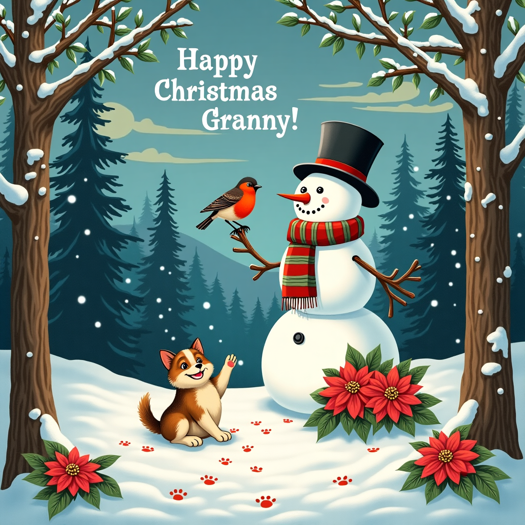 In the heart of a snow-blanketed forest clearing, a whimsical Christmas tableau unfolds, capturing a delightful winter scene. At the center, a jovial snowman stands proudly, adorned with a dapper top hat tilted at a jaunty angle. His coal-buttoned eyes sparkle with mischief as a vibrant red and green striped scarf flutters around his neck. Nestled beside him is an adorably fluffy German Shepherd puppy, its fur dusted with powdery snow, playfully pawing at a crimson poinsettia, one of the classic Christmas flowers scattered around the base of the snowman. Above, perched delicately on the snowman's outstretched stick-arm, are a pair of plump robins, their crimson chests puffed up against the crisp winter air.

The backdrop is a stunning tapestry of towering pine trees, their branches heavy with snow. As if woven by magic, the sky above is a twilight blue canvas, with the words "Happy Christmas Granny" artfully spelled out in the wispy, swirling clouds, as if painted by a frosty breeze. Soft, golden rays from the setting sun peek through the trees, casting a gentle glow over the entire scene. In the foreground, a path of snow is punctuated by tiny paw prints leading to the snowman, hinting at the puppy's playful antics. The entire scene is encased in a border of intricate holly and ivy, echoing the styles of Beatrix Potter and Arthur Rackham, creating a charming, timeless Christmas greeting card that bursts with detail and whimsy.
Generated with these themes: Robins, snowy, german shepherd puppy, snowman with a hat, christmas flowers.
Made with ❤️ by AI.