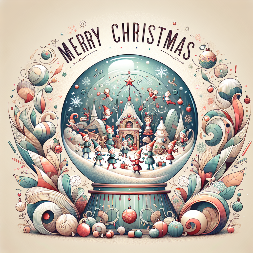 A whimsical Christmas scene features a charming snowglobe at the center, with tiny elves busy at work inside Santa's workshop. The surrounding area is filled with abstract shapes and patterns reminiscent of snowflakes and Christmas ornaments, all in a soft, pastel color palette. Overarching the scene, the phrase 'Merry Christmas' is written in a playful, cursive font that adds to the holiday cheer.
Generated with these themes: a snowglobe with santa's workshop inside/elves/workshop.
Made with ❤️ by AI.