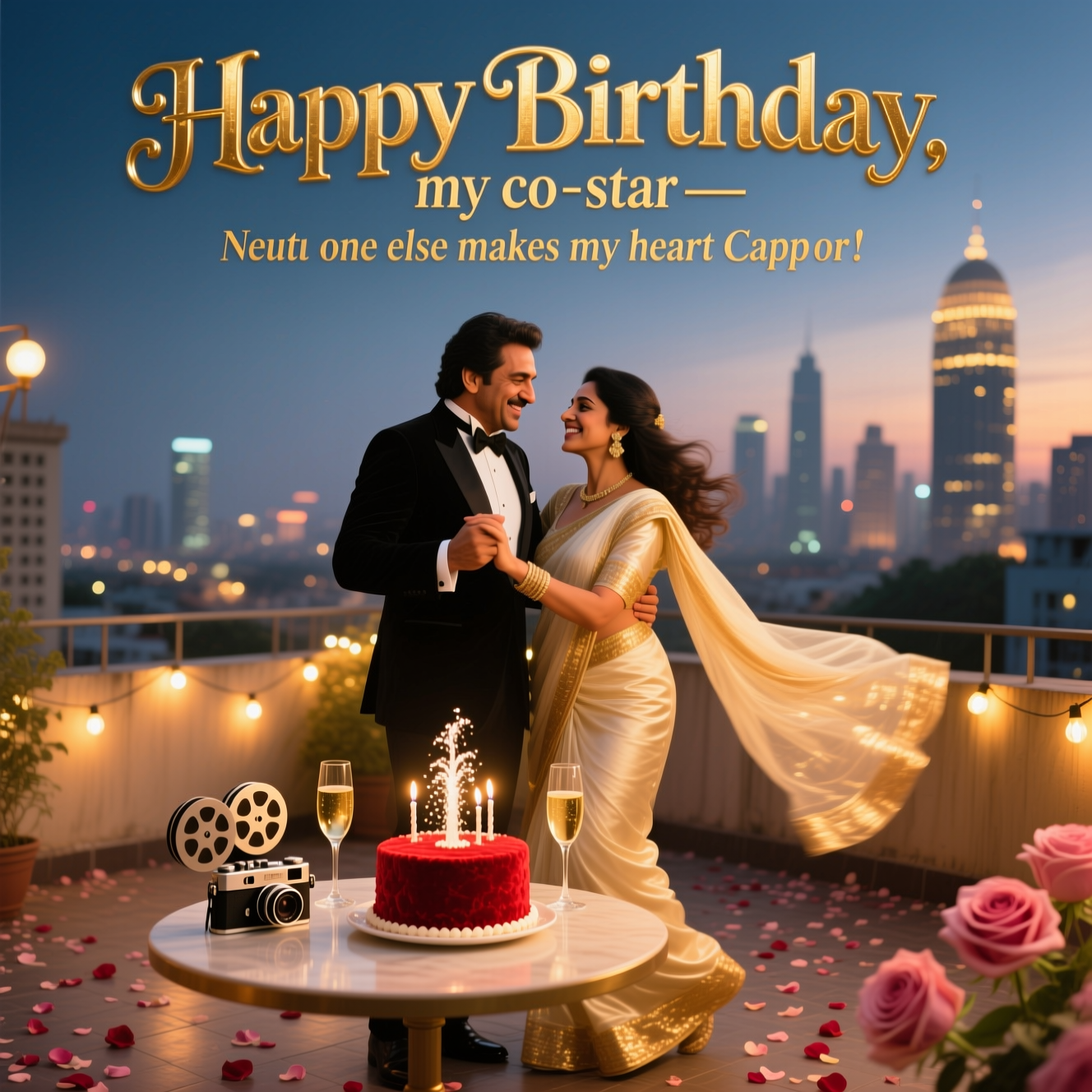 At the center in large, elegant, metallic-gold vintage Bollywood title typography (crisp and legible): “Happy Birthday, my co‑star—Neetu one else makes my heart Kapoor!”

Photorealistic 4K UHD camera shot: a romantic golden-hour rooftop terrace in Mumbai with warm tungsten string lights and soft rose petals on the floor. Rishi Kapoor and Neetu Kapoor are captured in a candid, affectionate slow dance: he in a classic black dinner jacket, she in an ivory-gold silk saree with subtle shimmer. A small round table in the foreground holds a single-tier red velvet birthday cake with a sparkling fountain candle, two champagne flutes catching the light, and a vintage film camera with reels as a nod to their cinema legacy. The city skyline glows in creamy bokeh; a gentle breeze lifts her saree pallu; their smiles are natural and tender. Shot on a full-frame camera, 85mm lens at f/1.8, ISO 200, natural skin tones, shallow depth of field with creamy highlights, soft lens flare, high dynamic range, true-to-life textures. Ensure negative space and gentle blur behind the headline for perfect readability; no extra text or logos. Color palette: warm golds, blush rose, and deep twilight blue.
Generated with these themes: Rishi kapoor and neetu, and .
Made with ❤️ by AI.