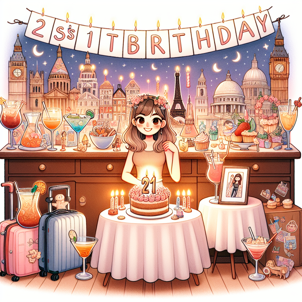 Create a heartwarming illustration focused on the theme of '21st Birthday'. At the center, there should be a festive banner with the text '21st Birthday Meggie'. Occupying a significant space in the image is an animated avatar of a young woman, ready for travel adventures, holding a suitcase next to a collection of famous landmarks drawn in a cute and endearing style. On one side, design an illustrated side table adorned with a variety of fancy cocktails, each having a unique and fun twist. On the opposite side, depict a quaint kitchen scene featuring delicious cupcakes alongside a cartoon-styled mixing bowl, symbolizing culinary interests. Illuminating this entire setting should be the soft, ambient light of birthday candles giving a warm and celebratory feel to the illustration.
Generated with these themes: Meggie, Granddaughter , 21st birthday , Travel, Cocktails, and Cooking.
Made with ❤️ by AI.